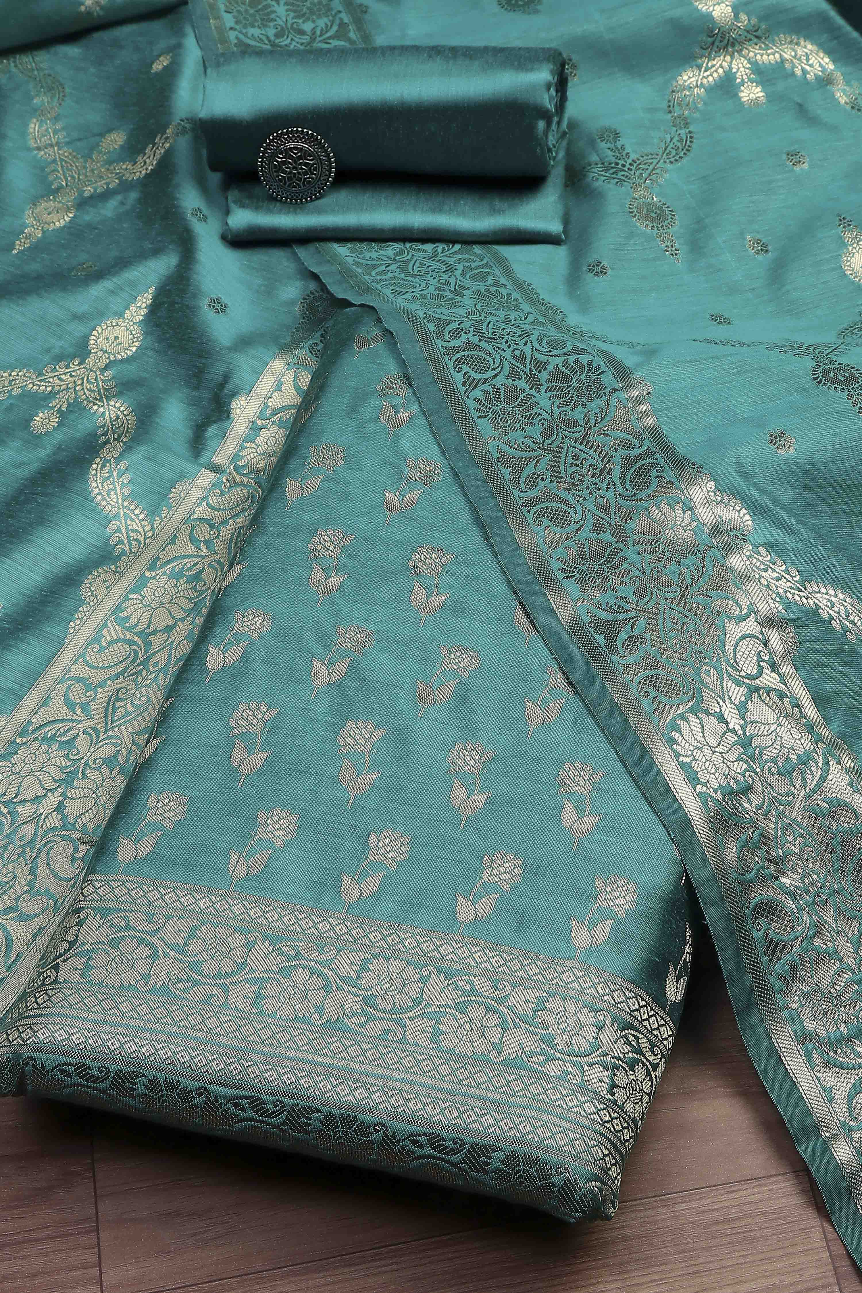 Turquoise Cotton Printed Embroidered Unstitched Suit Set image number 0