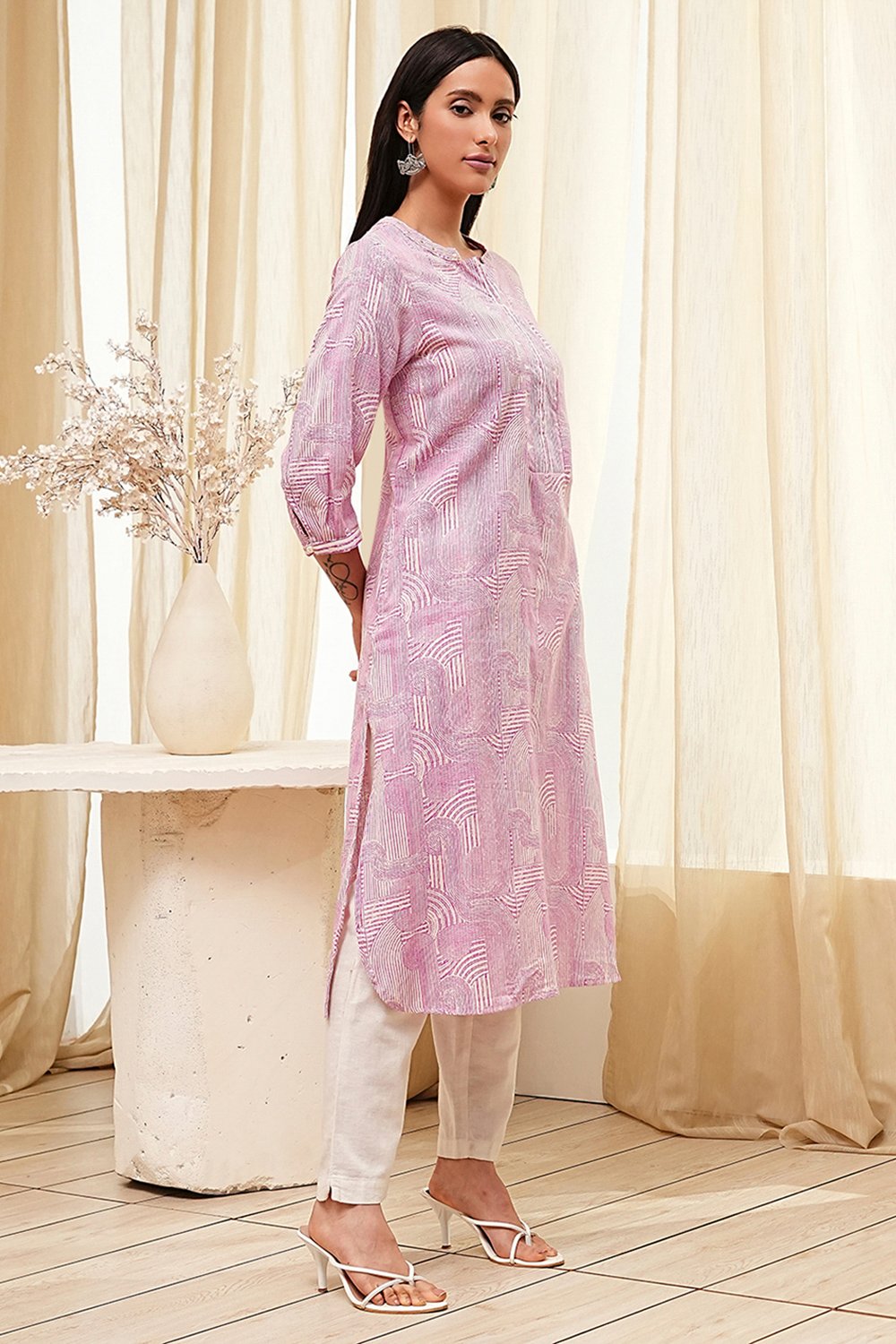 Yellow Cotton Printed Straight Kurta image number 3