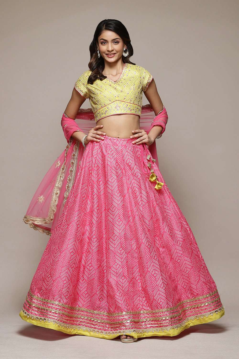 Fuschia & Lime Green Cotton Blend Lehenga Set image number 7