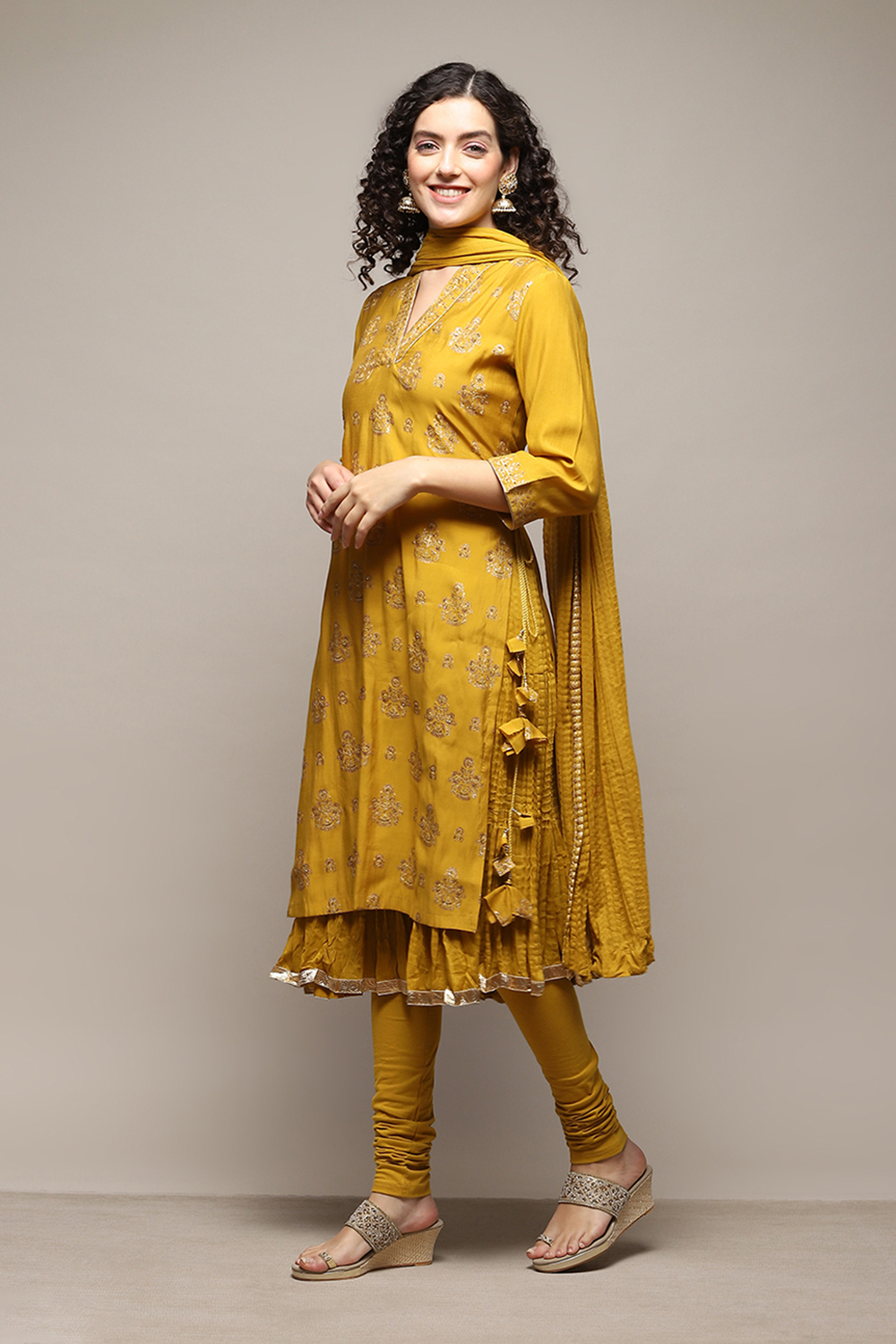 Lime Yellow Silk Layered Kurta Churidar Suit Set image number 4