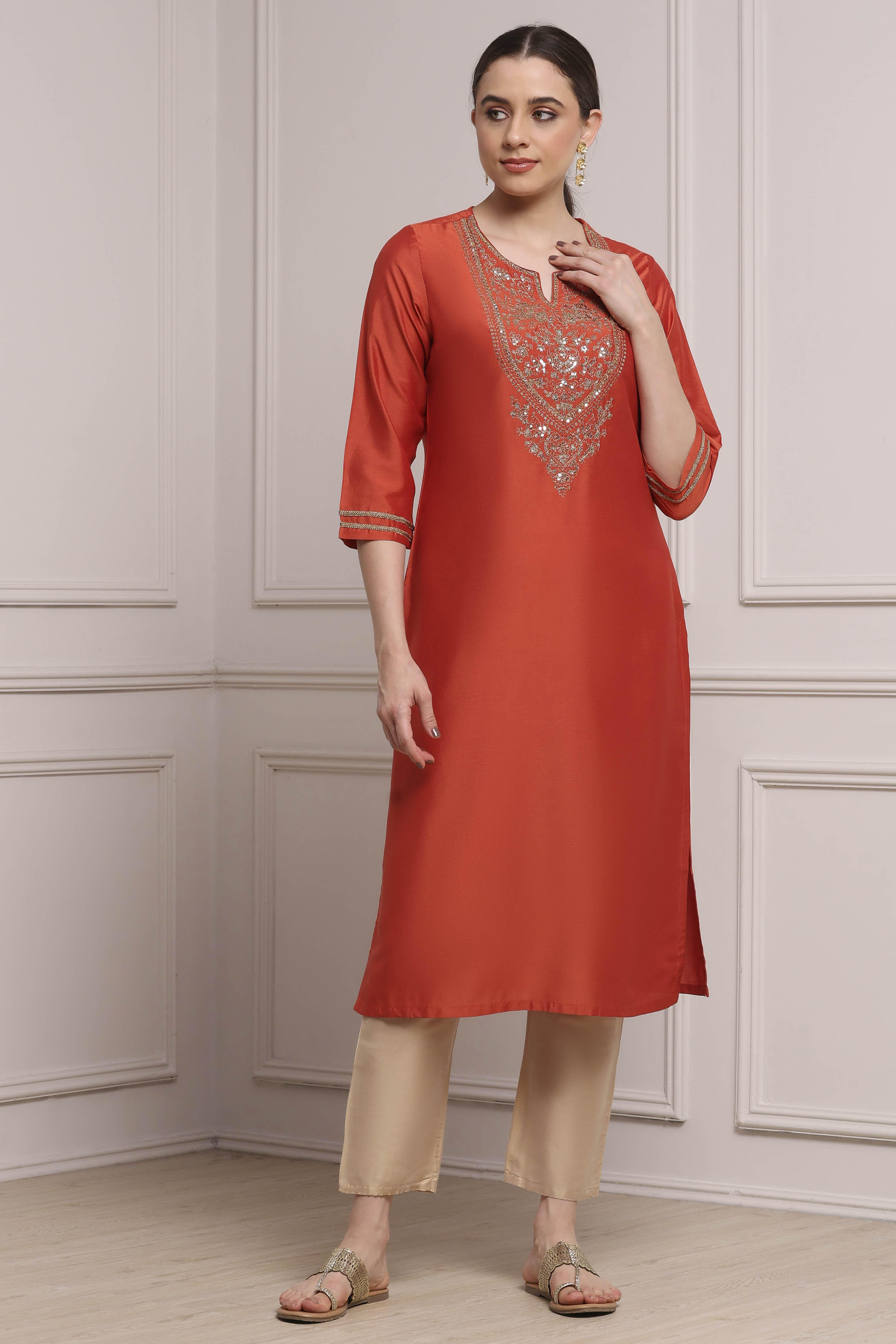 Burnt Orange Viscose Blend Solid Straight Kurta image number 5