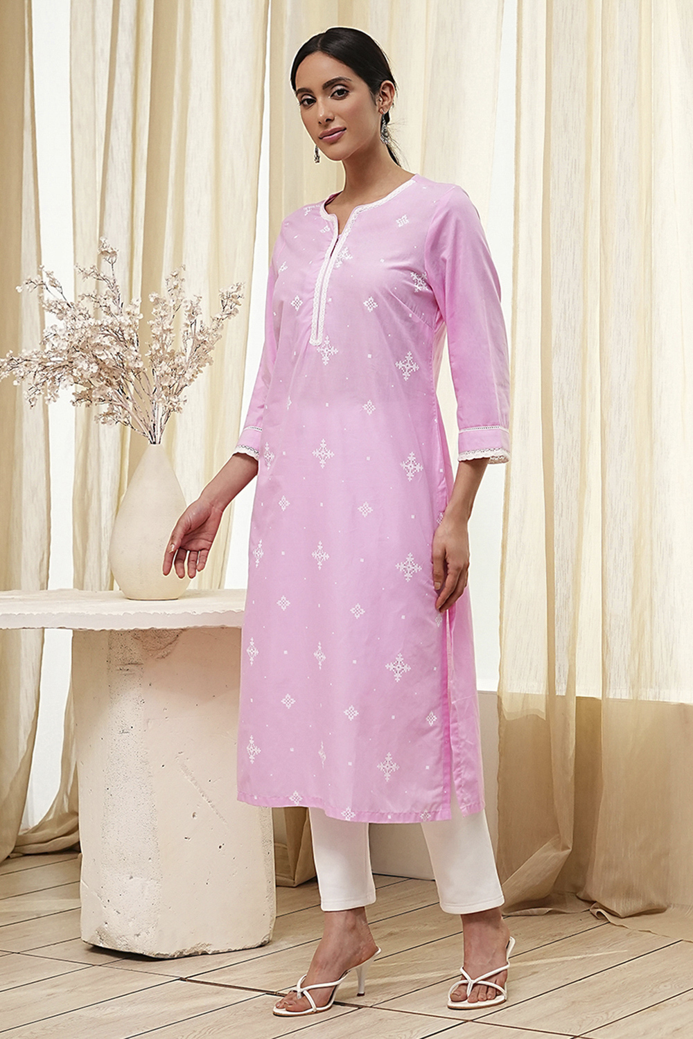 Light Pink Cotton Straight Kurta image number 2