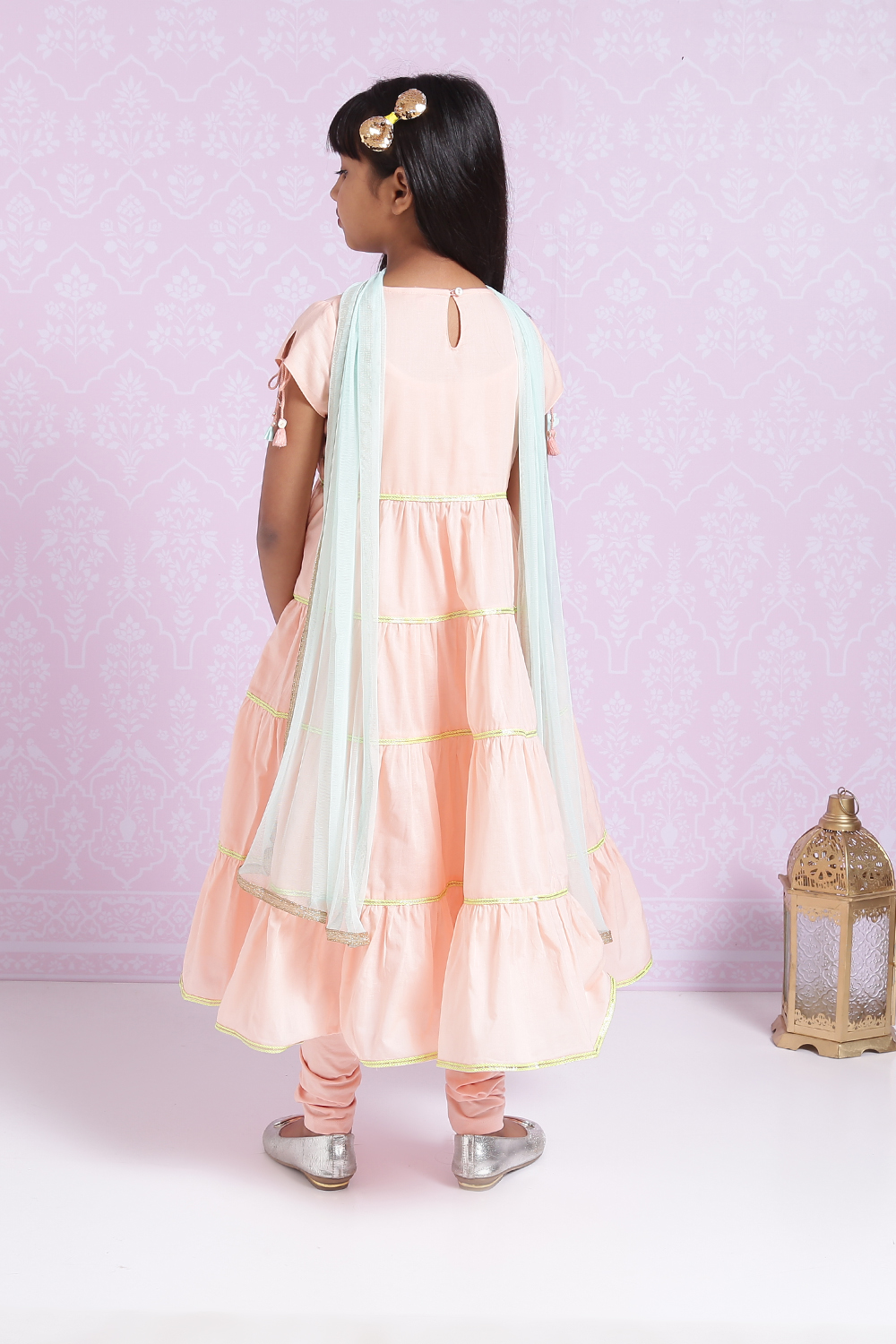 Peach Cotton Tiered Kurta Churidar Suit Set image number 4