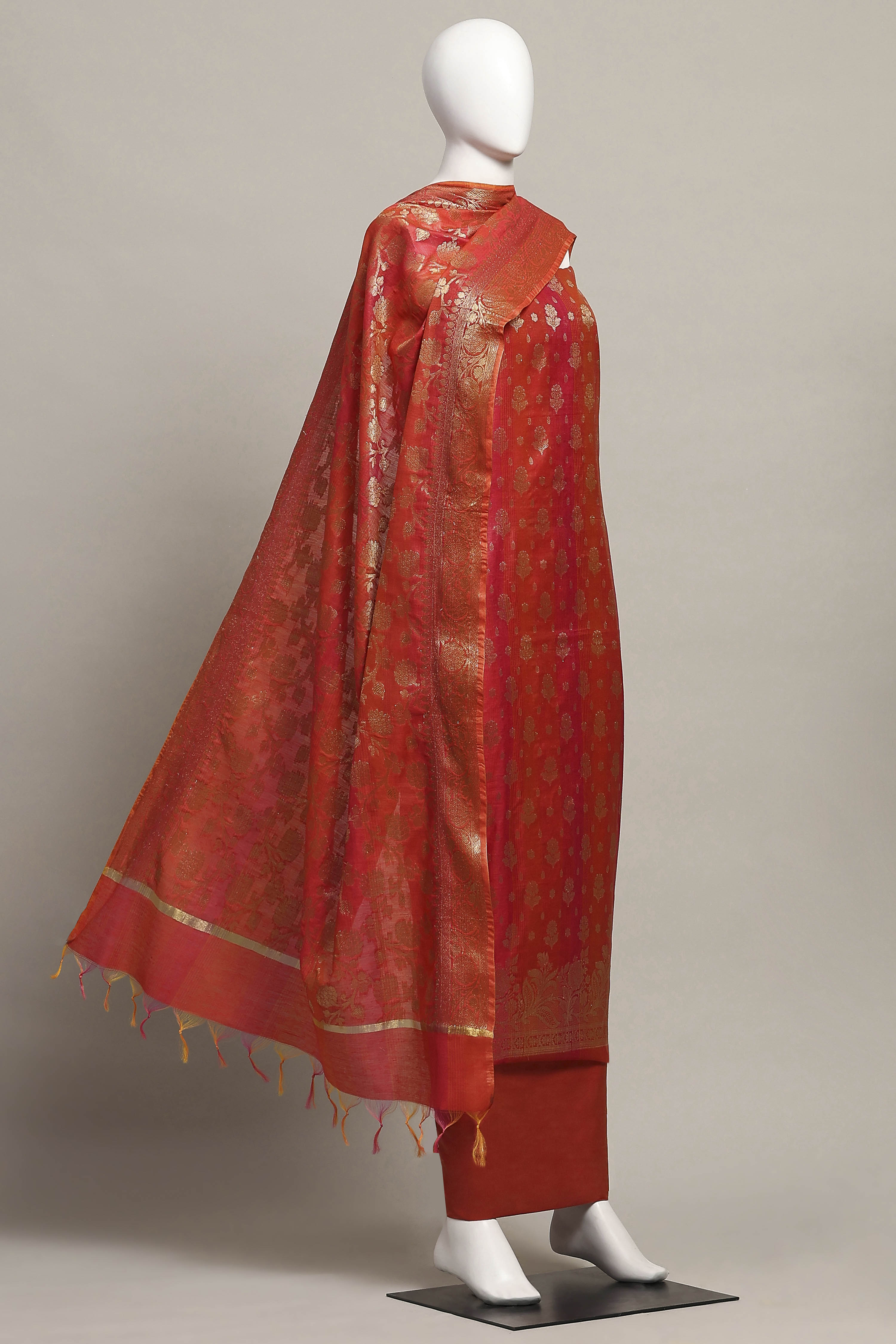 Rust Cotton Printed Embroidered Unstitched Suit Set image number 4