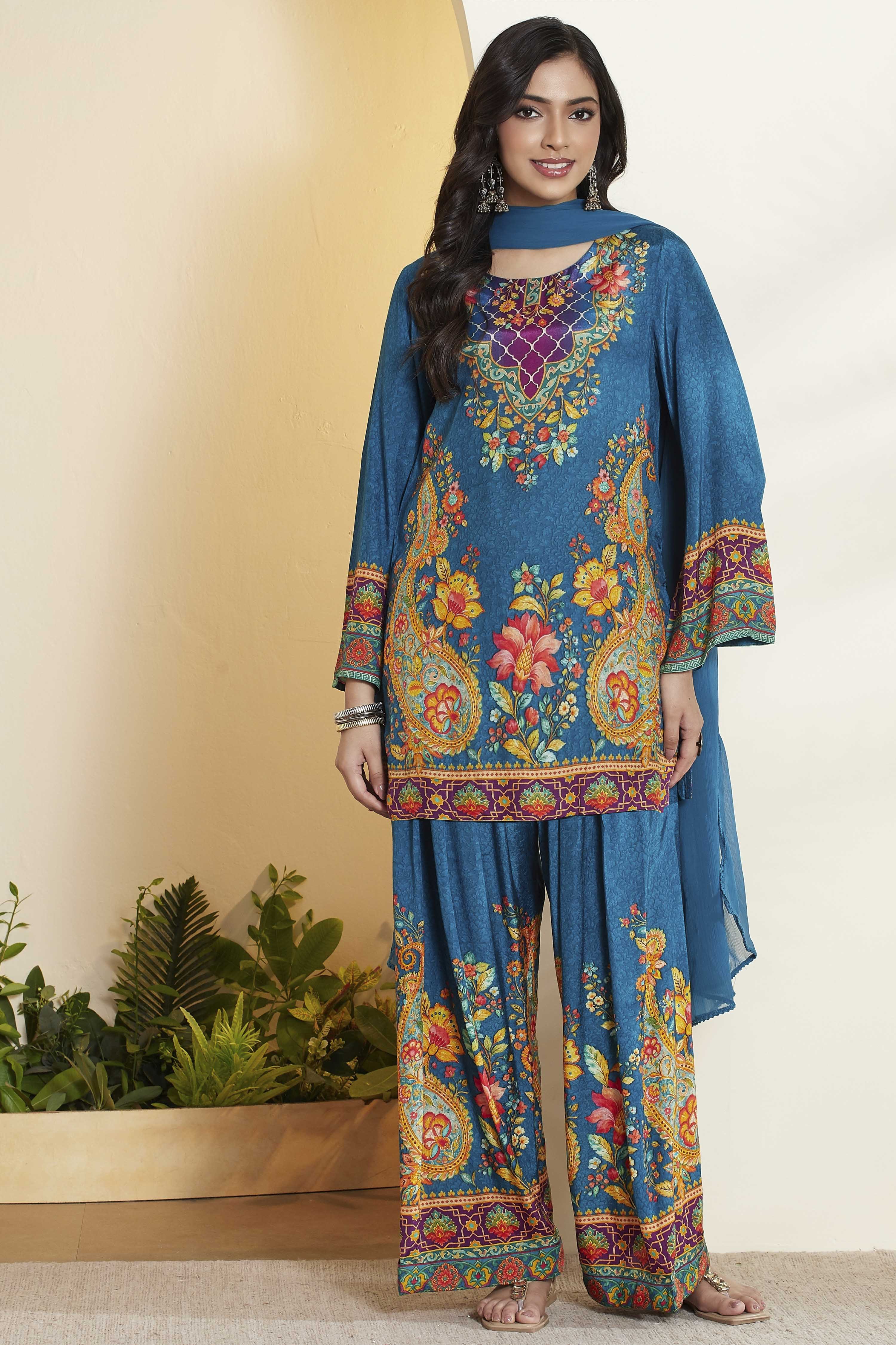 Blue Viscose Rayon Printed Straight Kurta Set image number 7