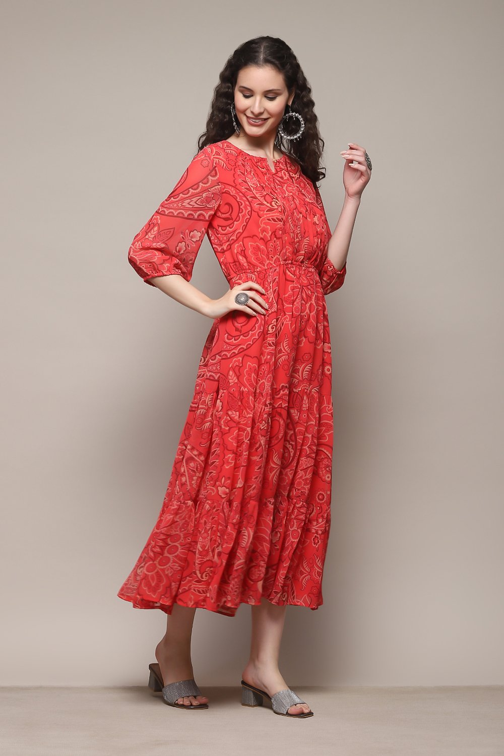 Blue Polyester Tiered Printed Dress image number 2