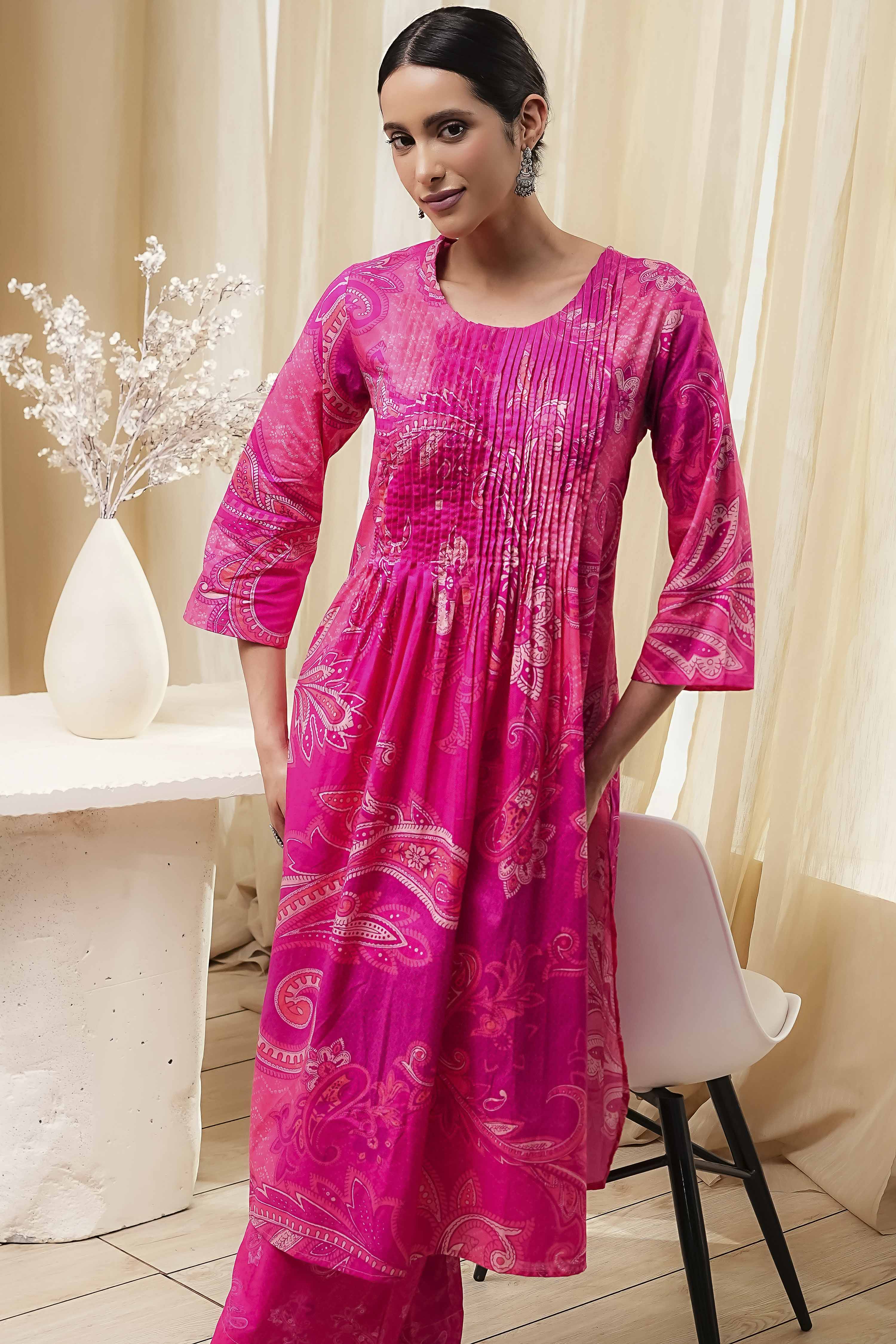 Pink Cotton Printed Pleated Kurta Set image number 7
