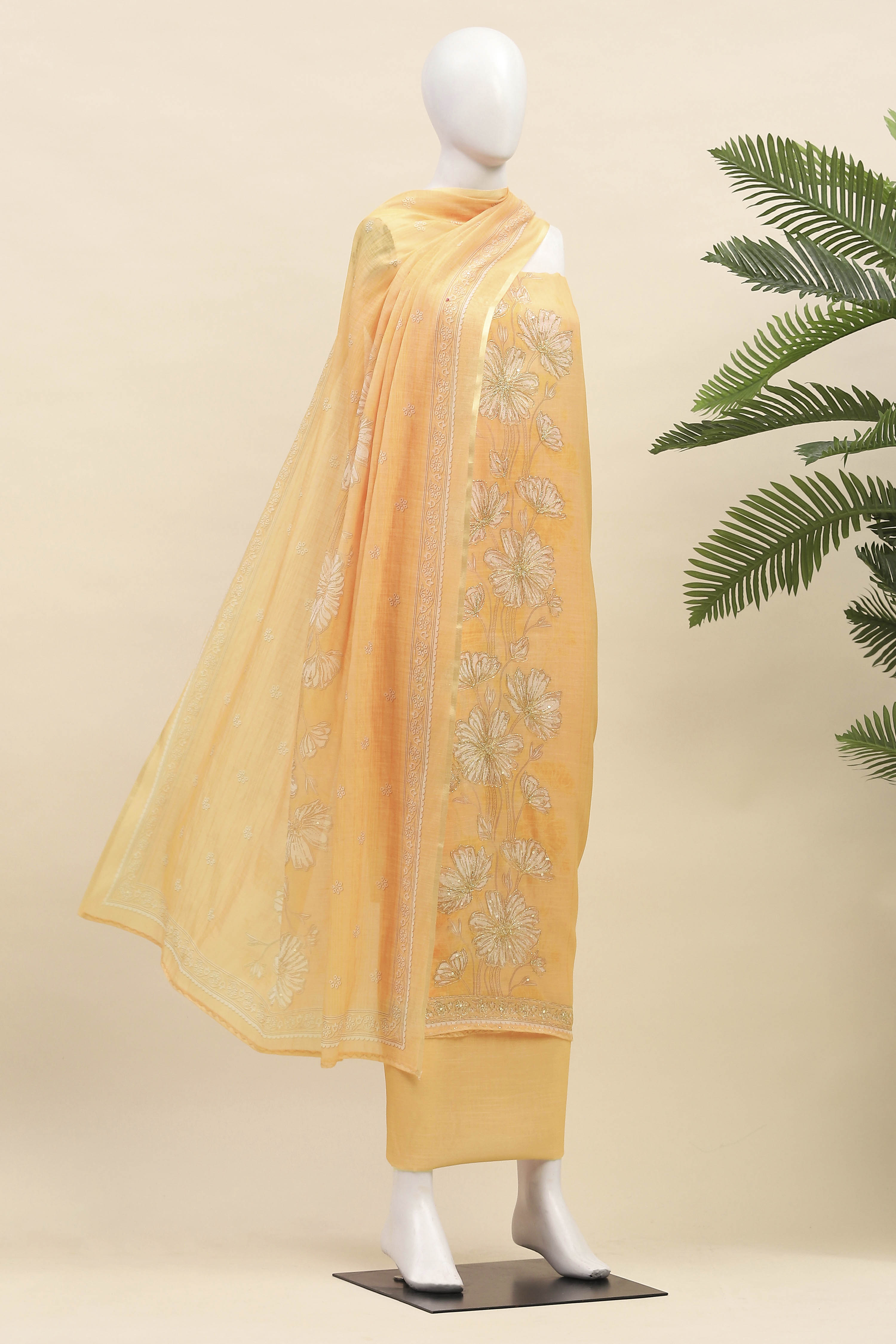 Yellow Linen Unstitched Suit Set image number 4