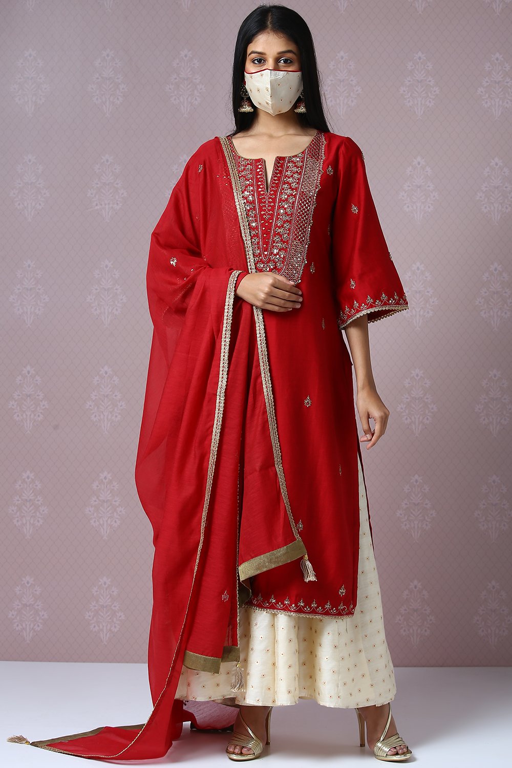 Cherry Red Cotton Silk Sharara Kurta Sharara Suit Set image number 6