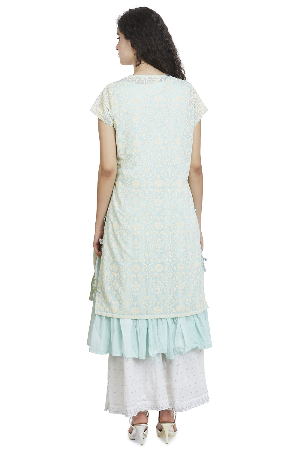 Aqua Blue Flared Art Silk Printed Kurta image number 5