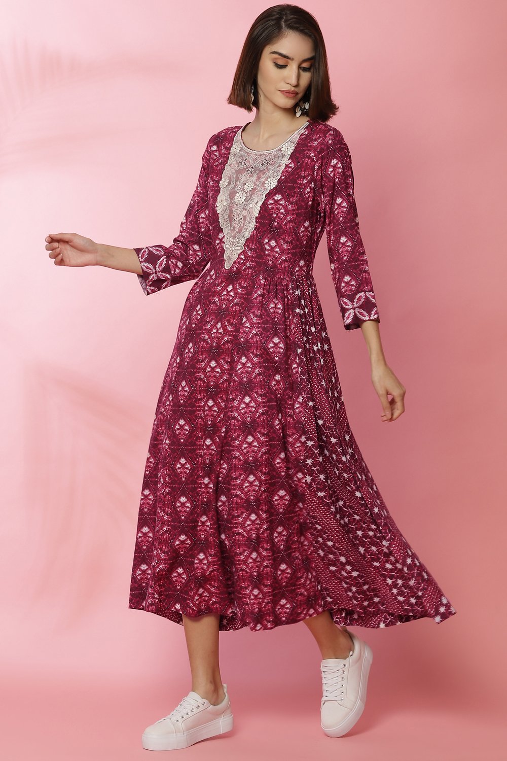 Magenta Rayon Flared Lace Printed Dress image number 0