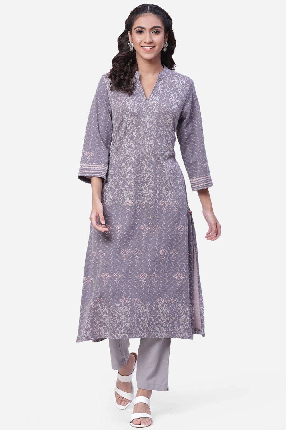 Grey Straight Poly Cotton Kurta image number 0