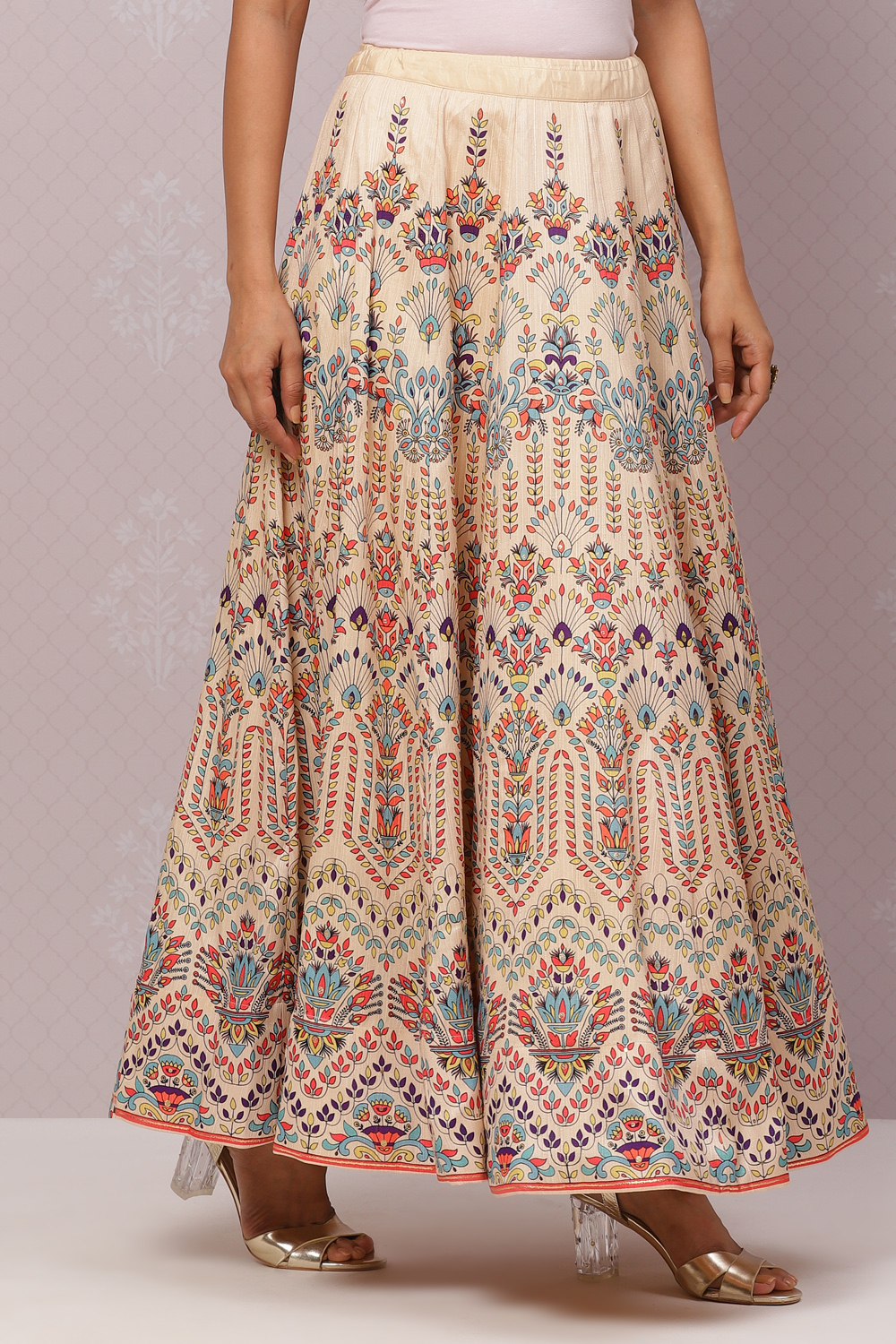 Beige Flared Art Silk Skirts image number 3