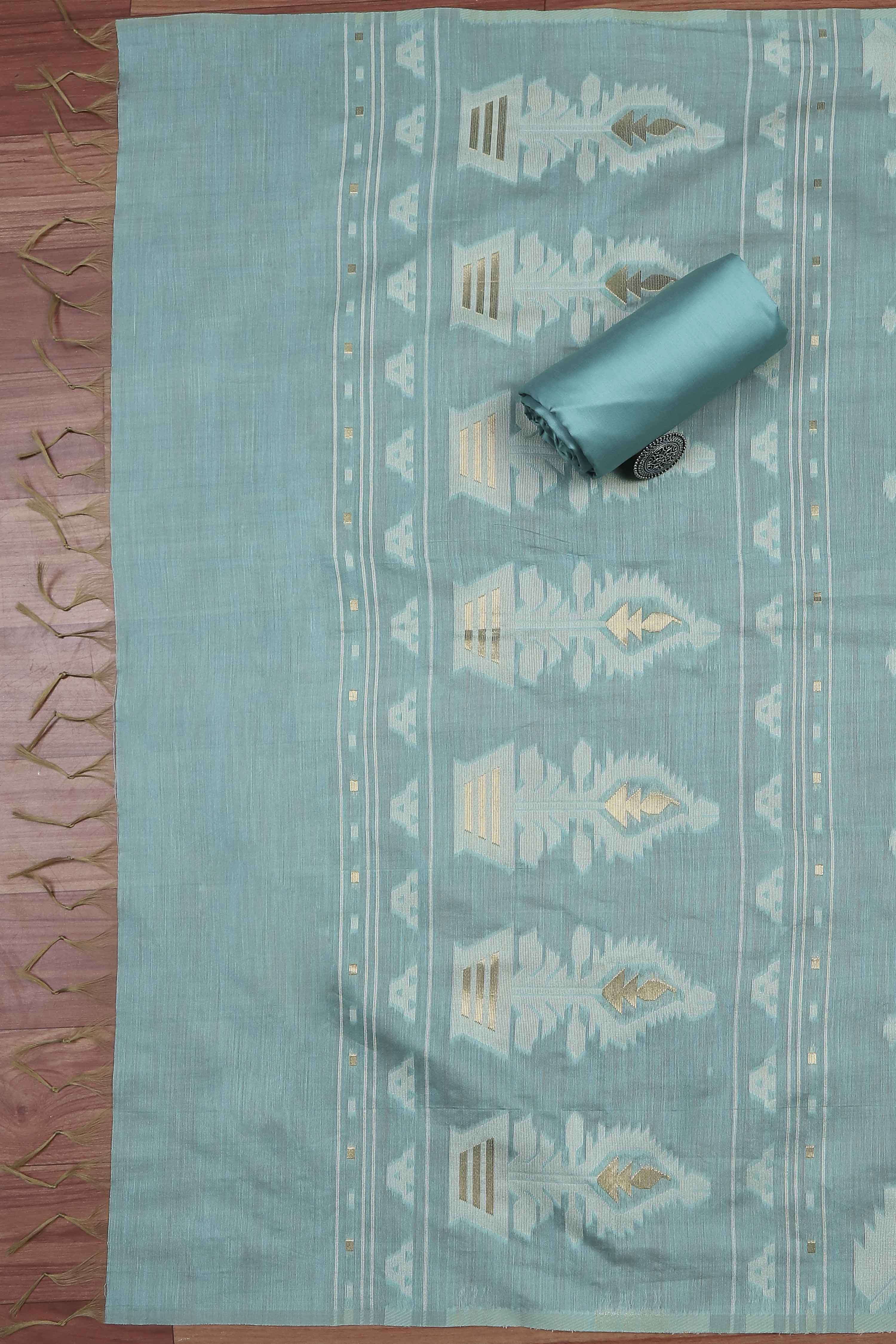 Light Blue Cotton Jamdani Unstitched Suit Set image number 3