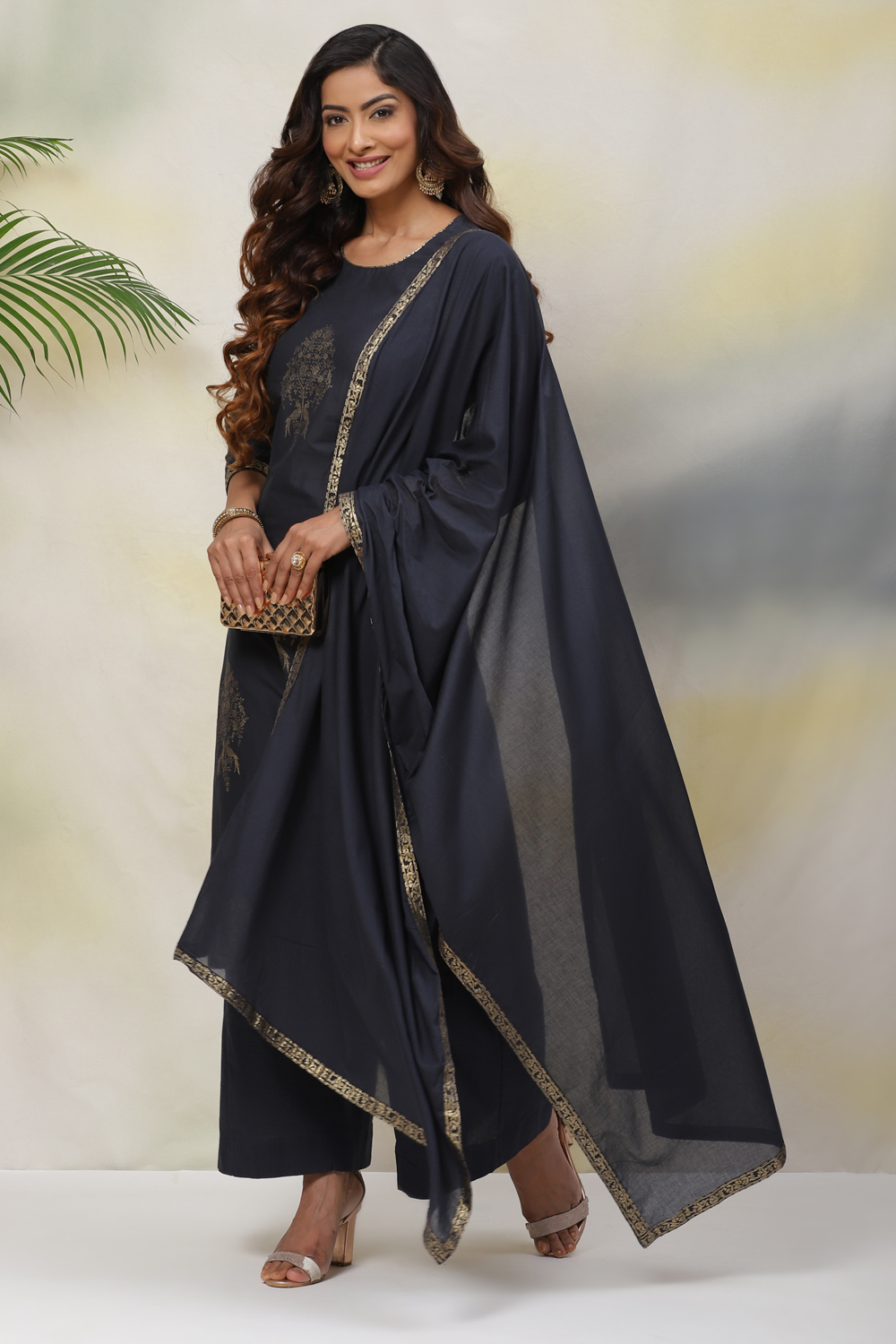 Dark Navy Cotton Straight Kurta Palazzo Suit Set image number 0