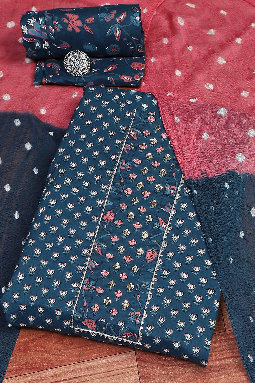 Navy Blue Cotton Printed Unstitched Suit Set image number 0