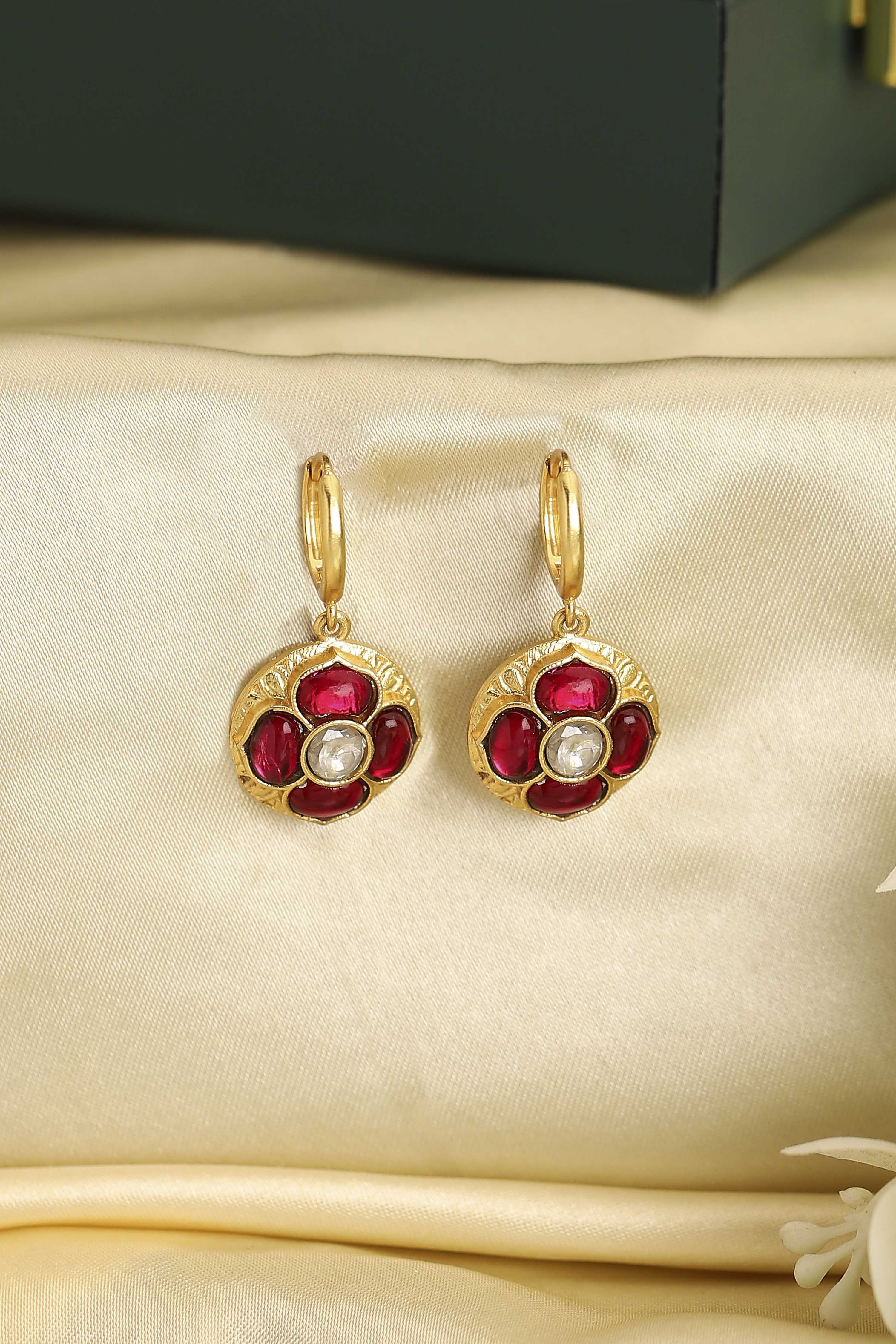 Pink Gold Plated Brass Floral Studded Drop Earrings image number 4