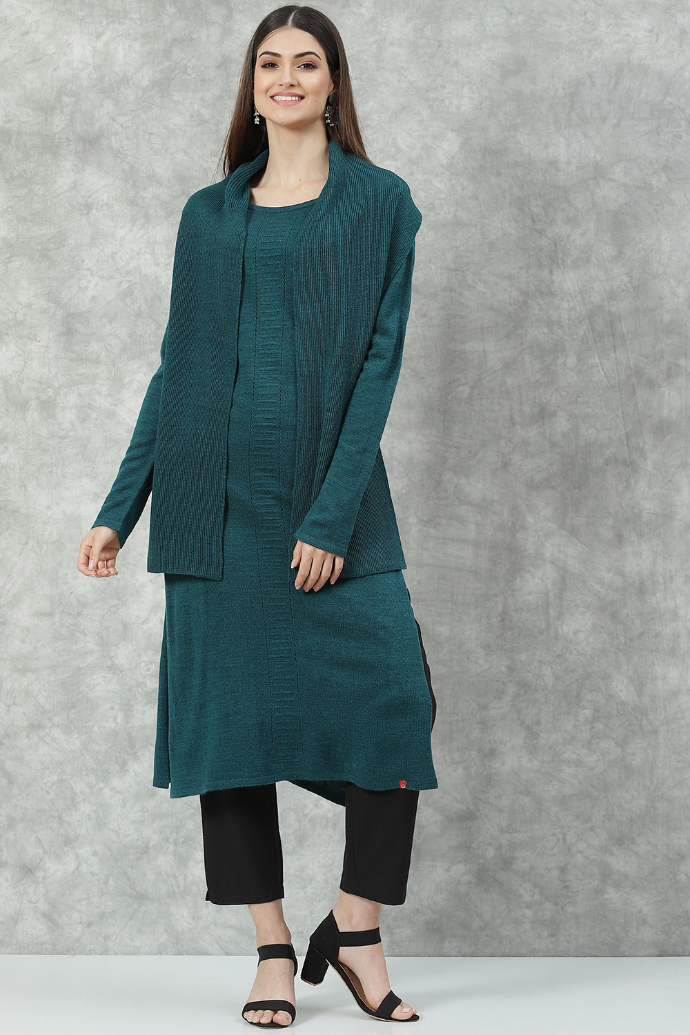 Buy Teal Acrylic Straight Scarf Set Yarndyed Kurta Kurta Scraf