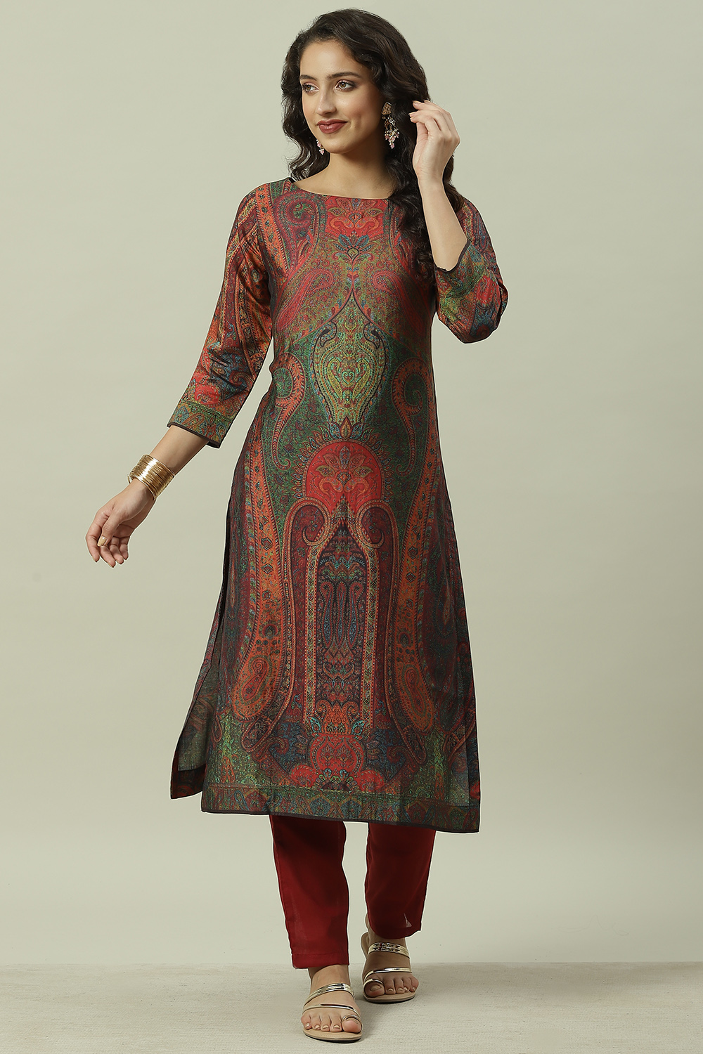 Burnt Orange Rayon Straight Printed Kurta image number 0