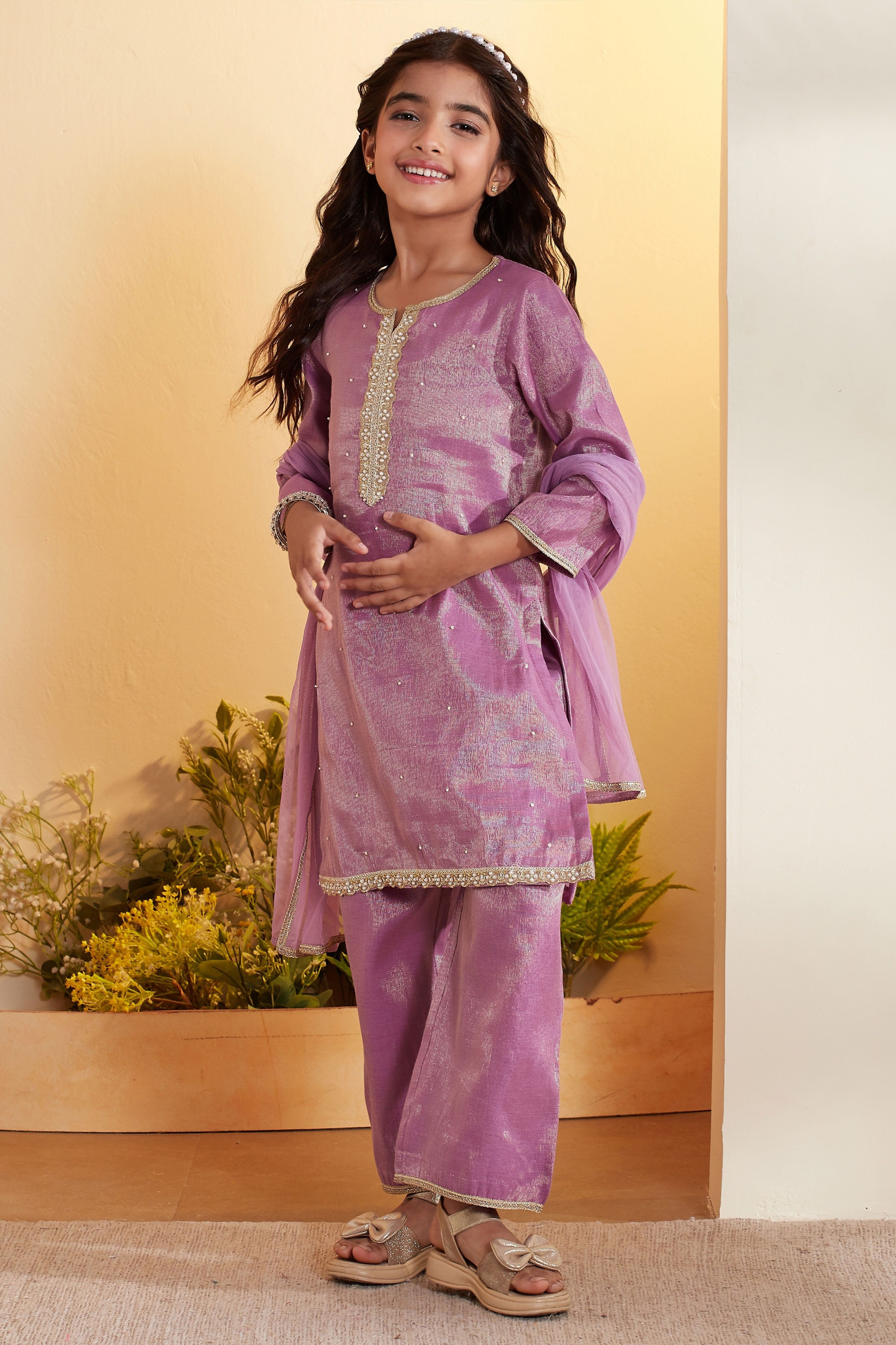 Purple Cotton Embellished Straight Kurta Set image number 3