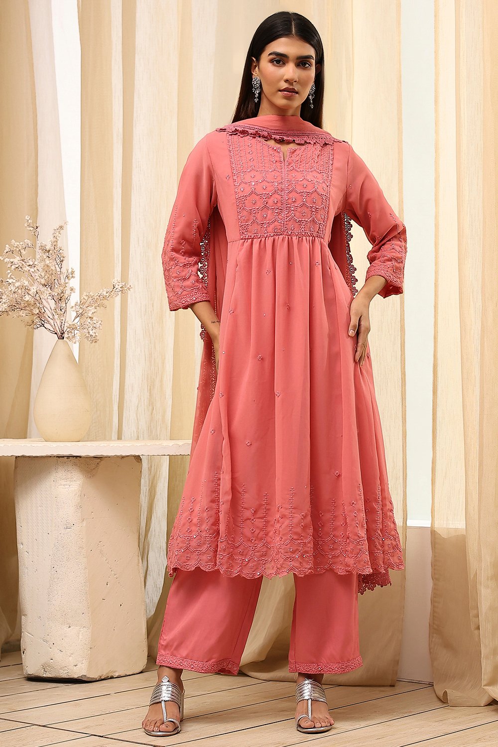 Pink Embroidered Flared Suit Set image number 6