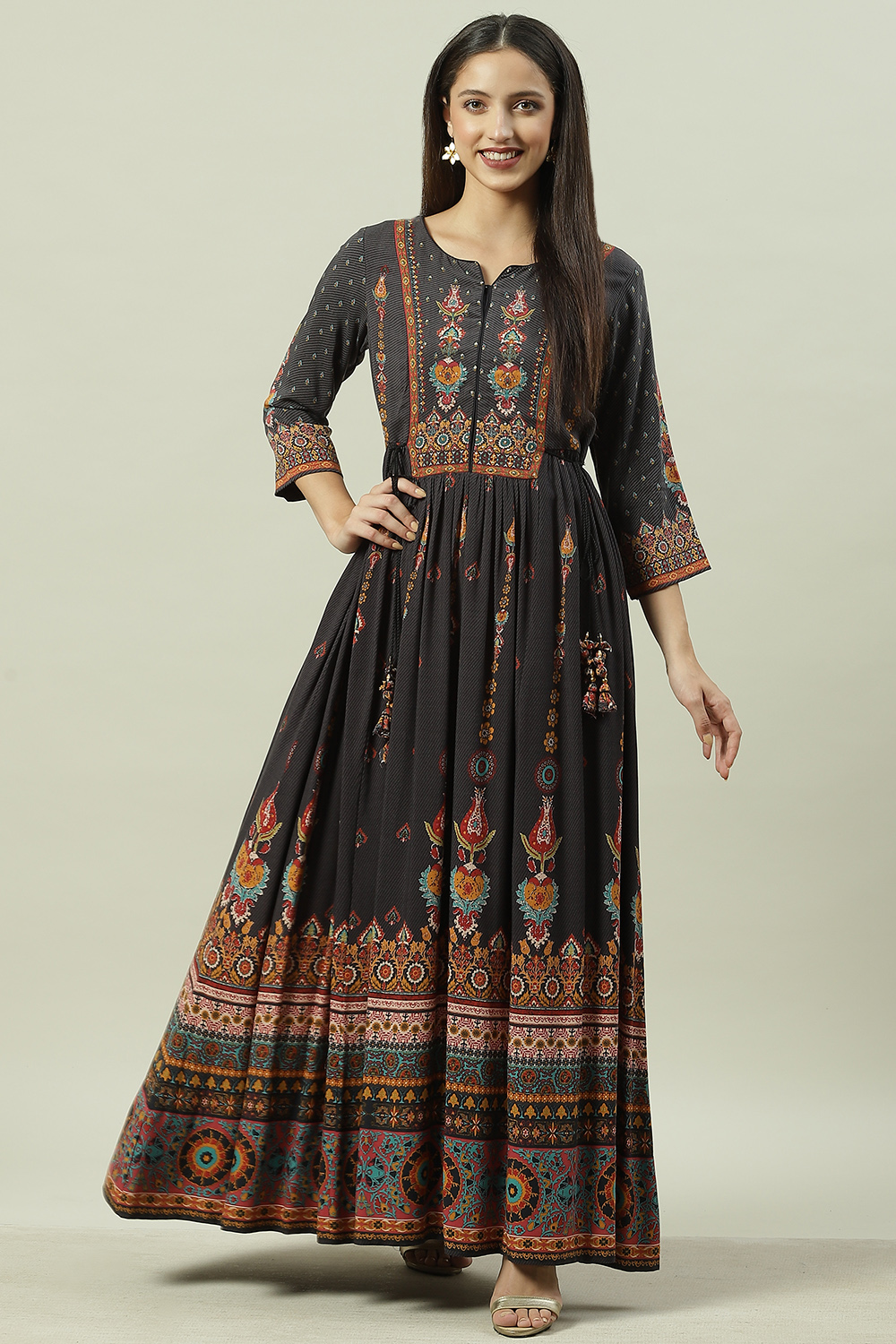 Black Rayon Flared Printed Dress image number 3