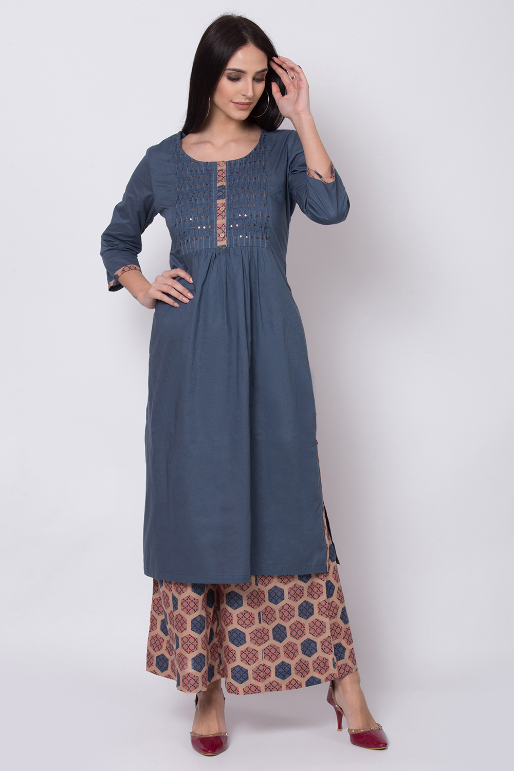 Dark Blue Cotton Straight Kurta Flared Palazzo Suit Set image number 2