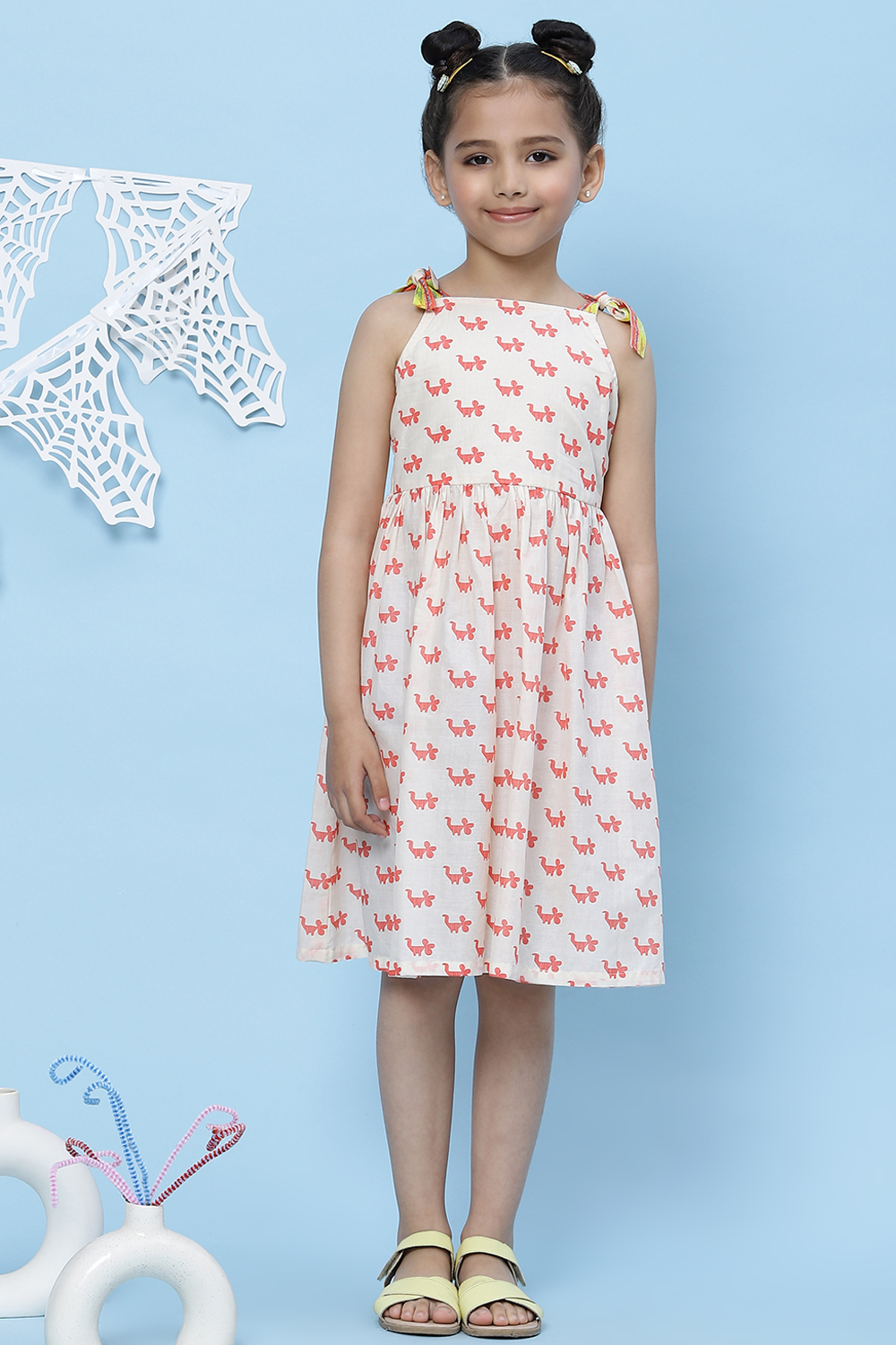 Off White Cotton A-Line Printed Dress image number 0