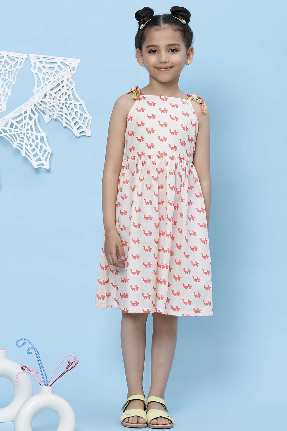 Off White Cotton A-Line Printed Dress image number 0