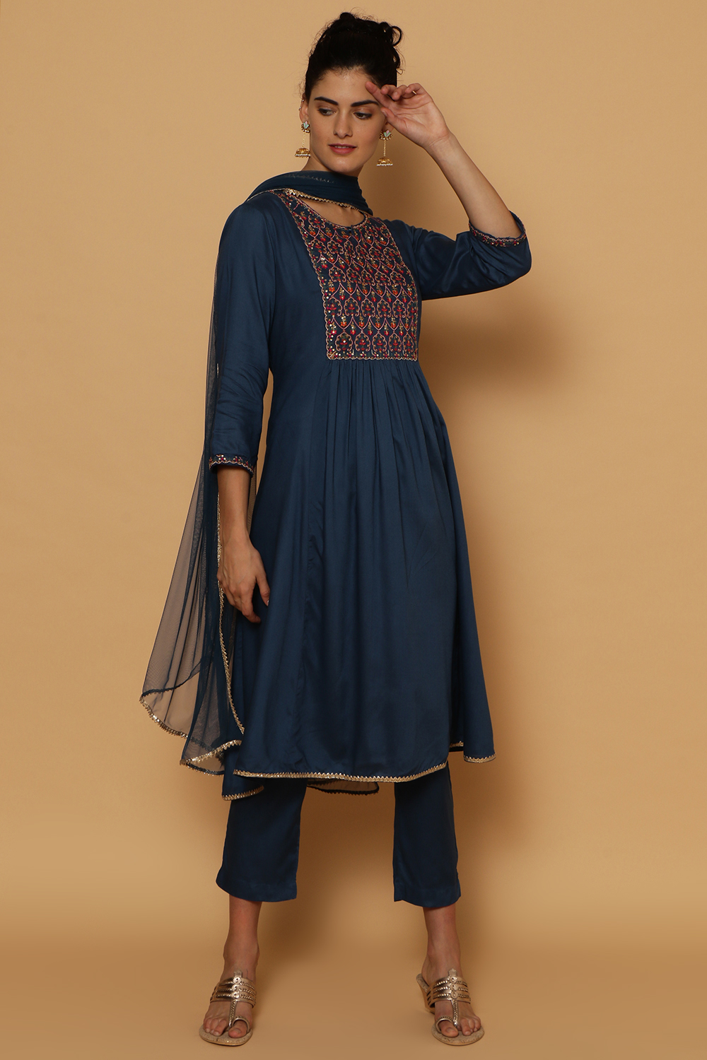 Blue Rayon Kalidar Kurta Slim Pant Suit Set image number 2