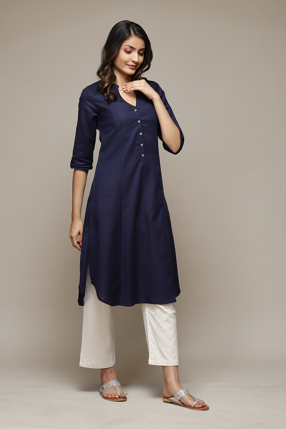 Navy Blue A-Line Solid Kurta image number 4