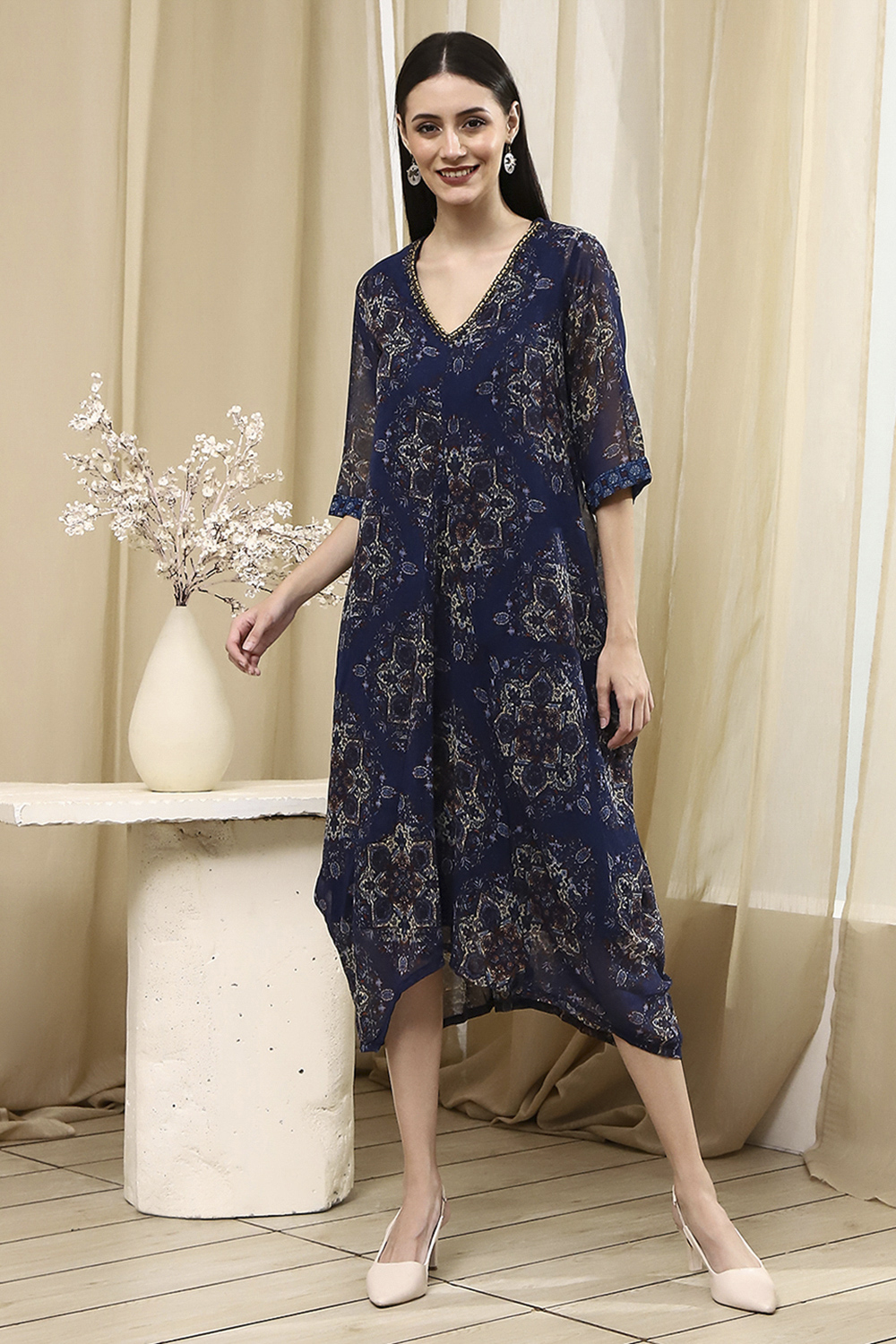 Blue Georgette Printed Asymmetric Dress image number 5
