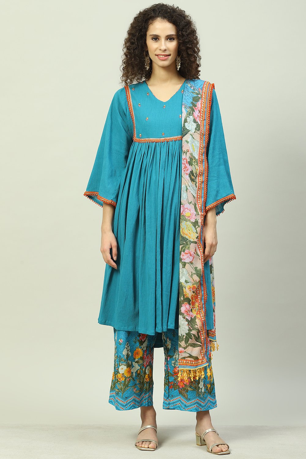 Turquoise Blue Art Silk Gathered Kurta Palazzo Suit Set image number 7