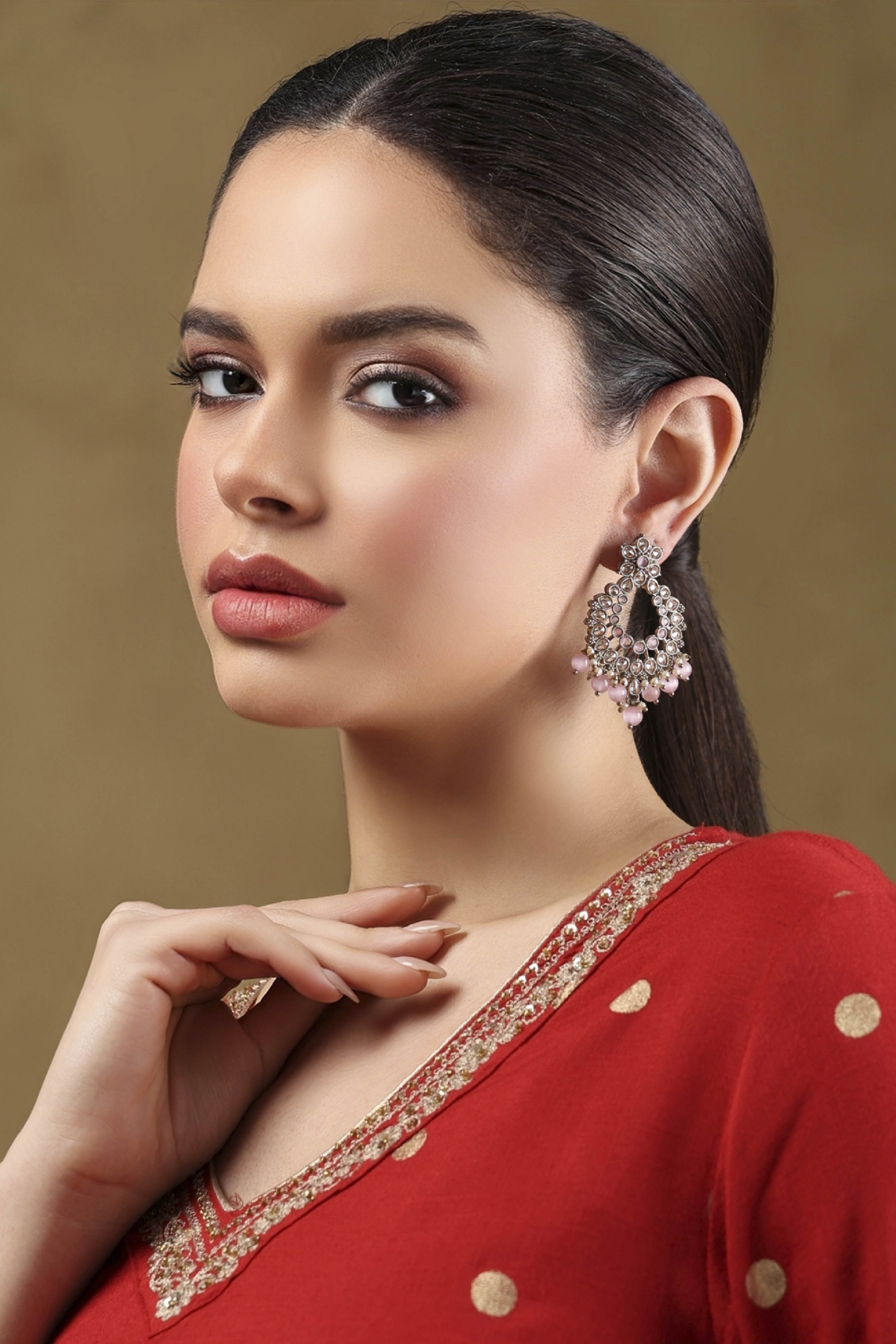 Pink Gold Plated Alloy Embellished Chandbalis image number 3