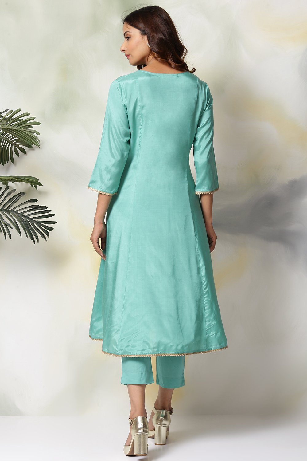 Sea Green Viscose Kalidar Kurta Pants Suit Set image number 5