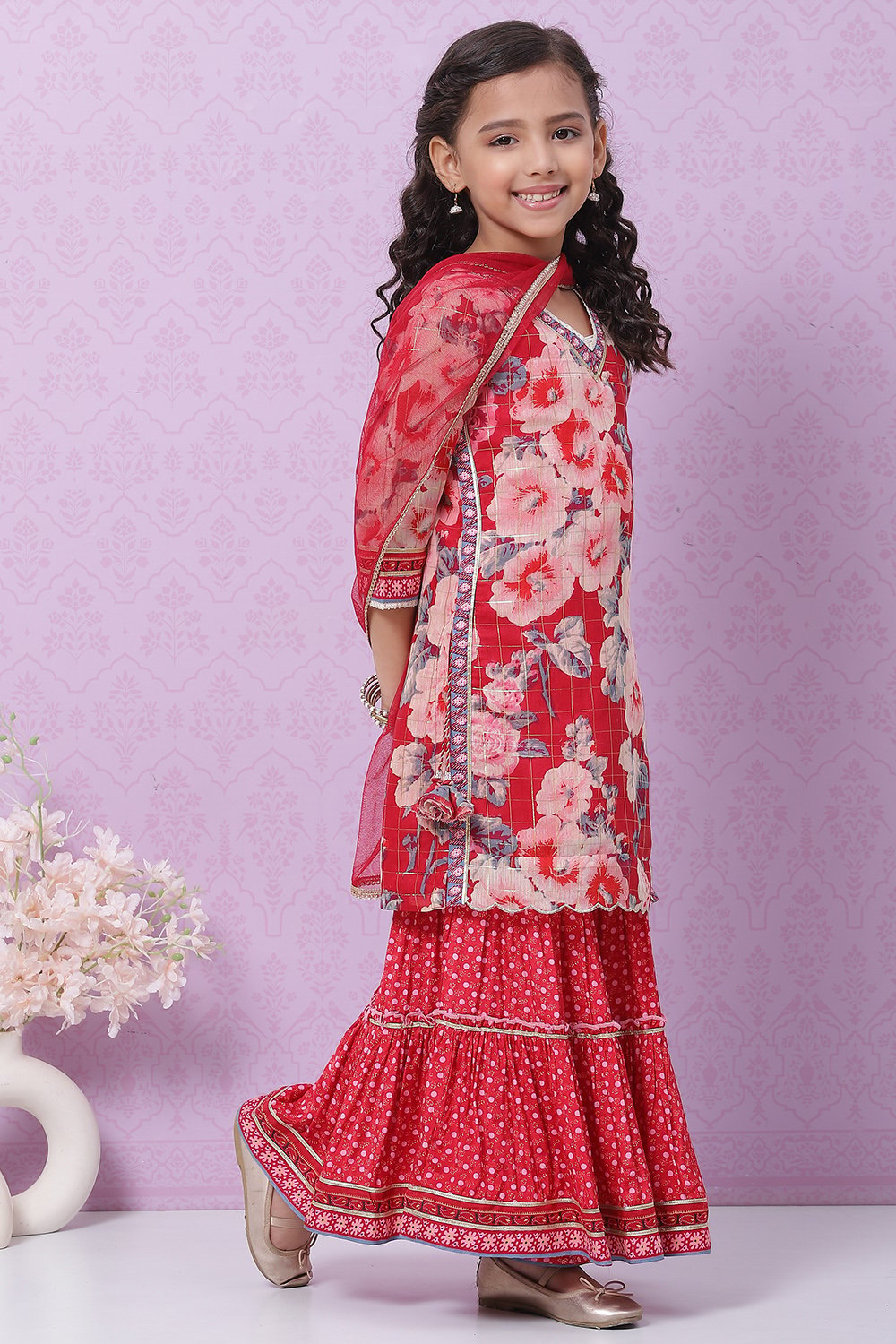 Berry Red Art Silk Straight Kurta Sharara Suit Set image number 2