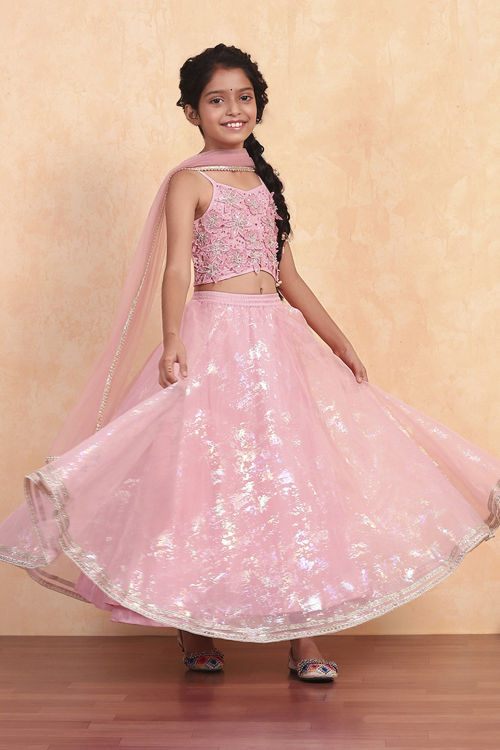 Pink Viscose Printed Flared Lehenga Set image number 0
