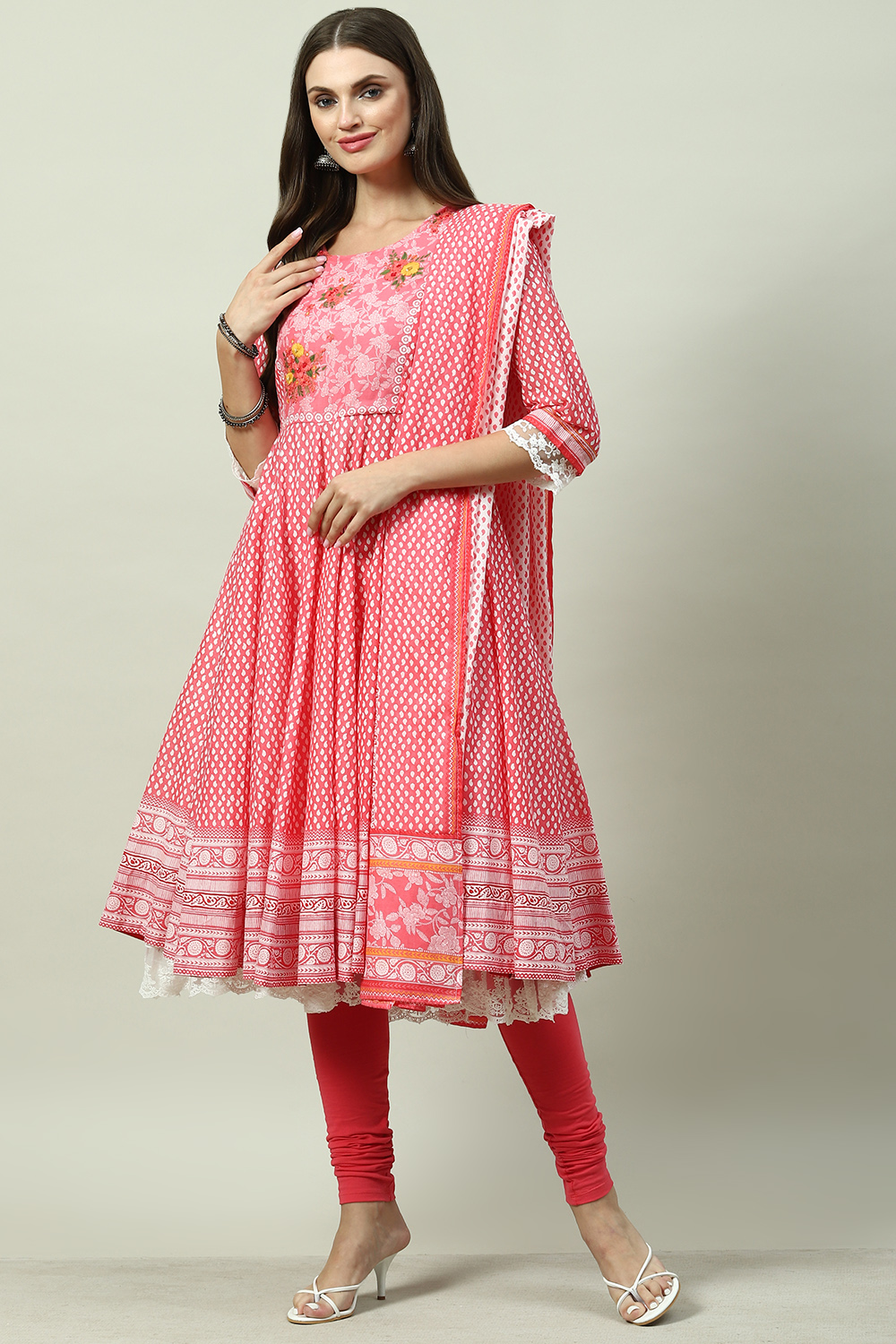 White And Pink Cotton Anarkali Kurta Churidar Suit Set image number 5