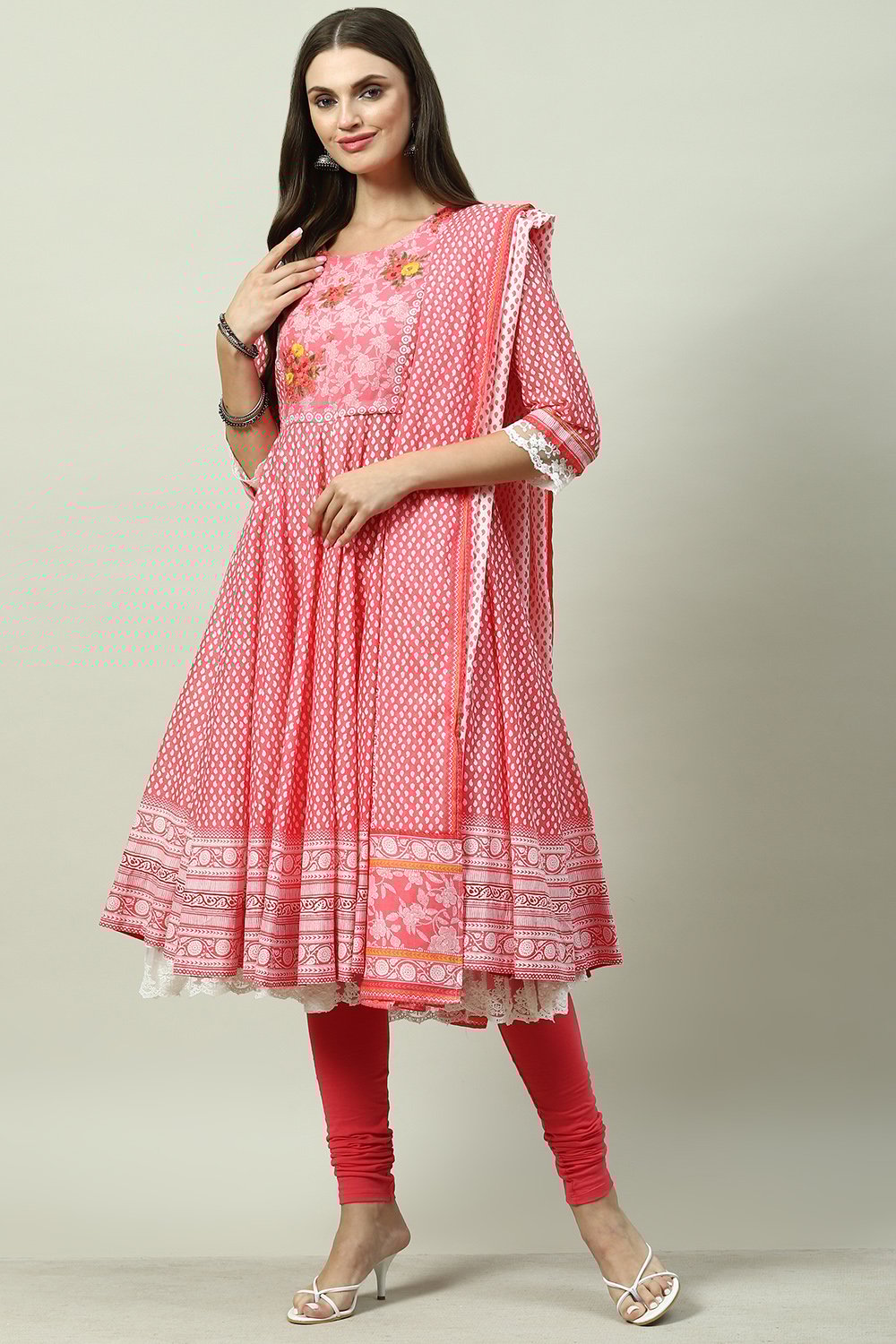 White And Pink Cotton Anarkali Kurta Churidar Suit Set image number 5