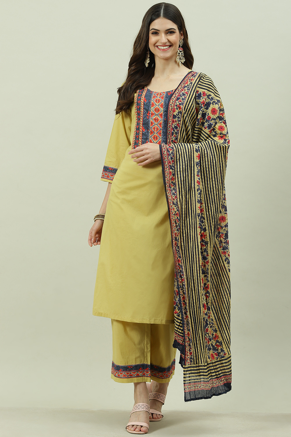 Beige Solid Cotton Straight Kurta Palazzo Suit Set image number 7