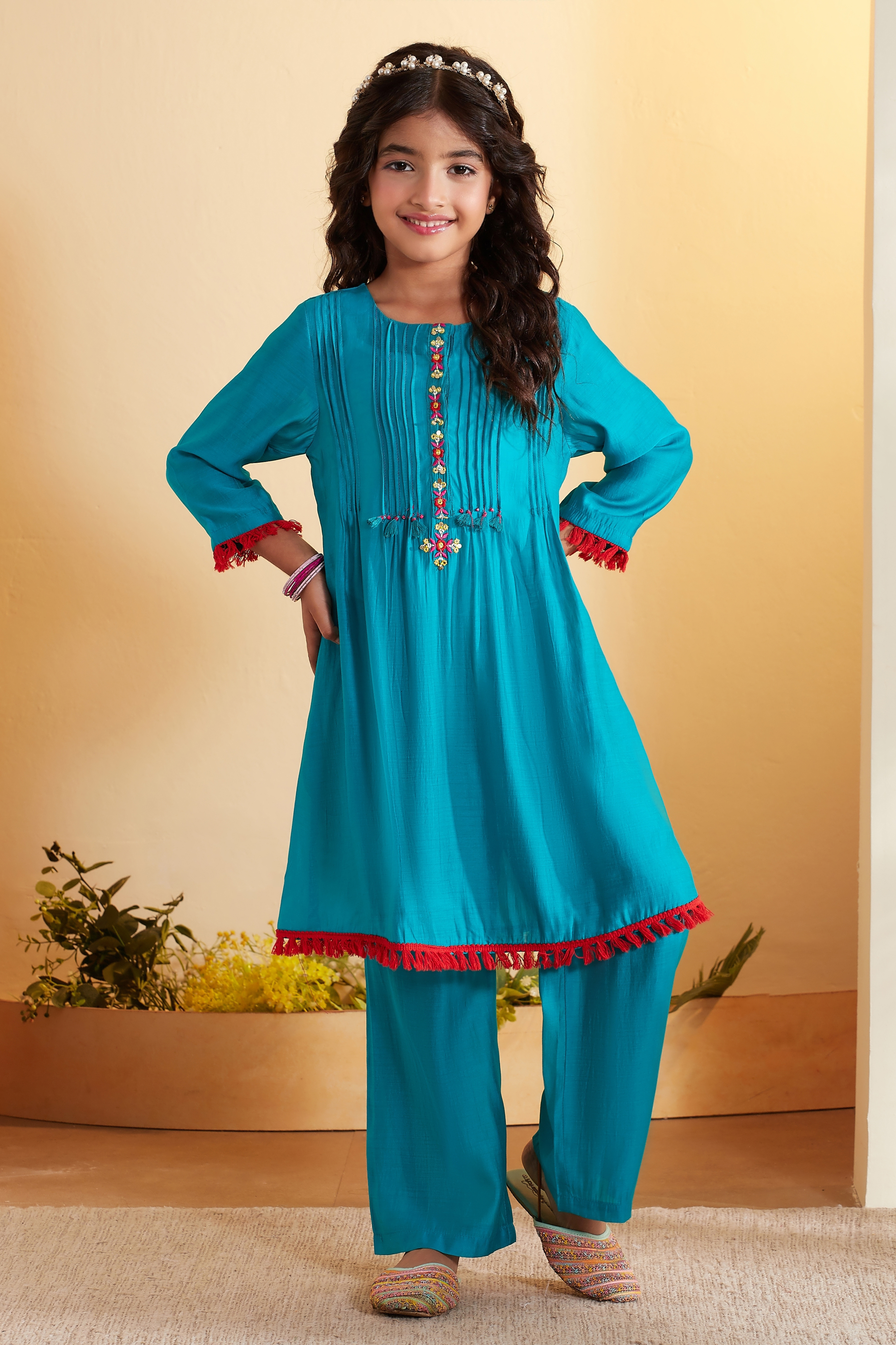 Teal Blue Pleated A-Line Kurta Set image number 8