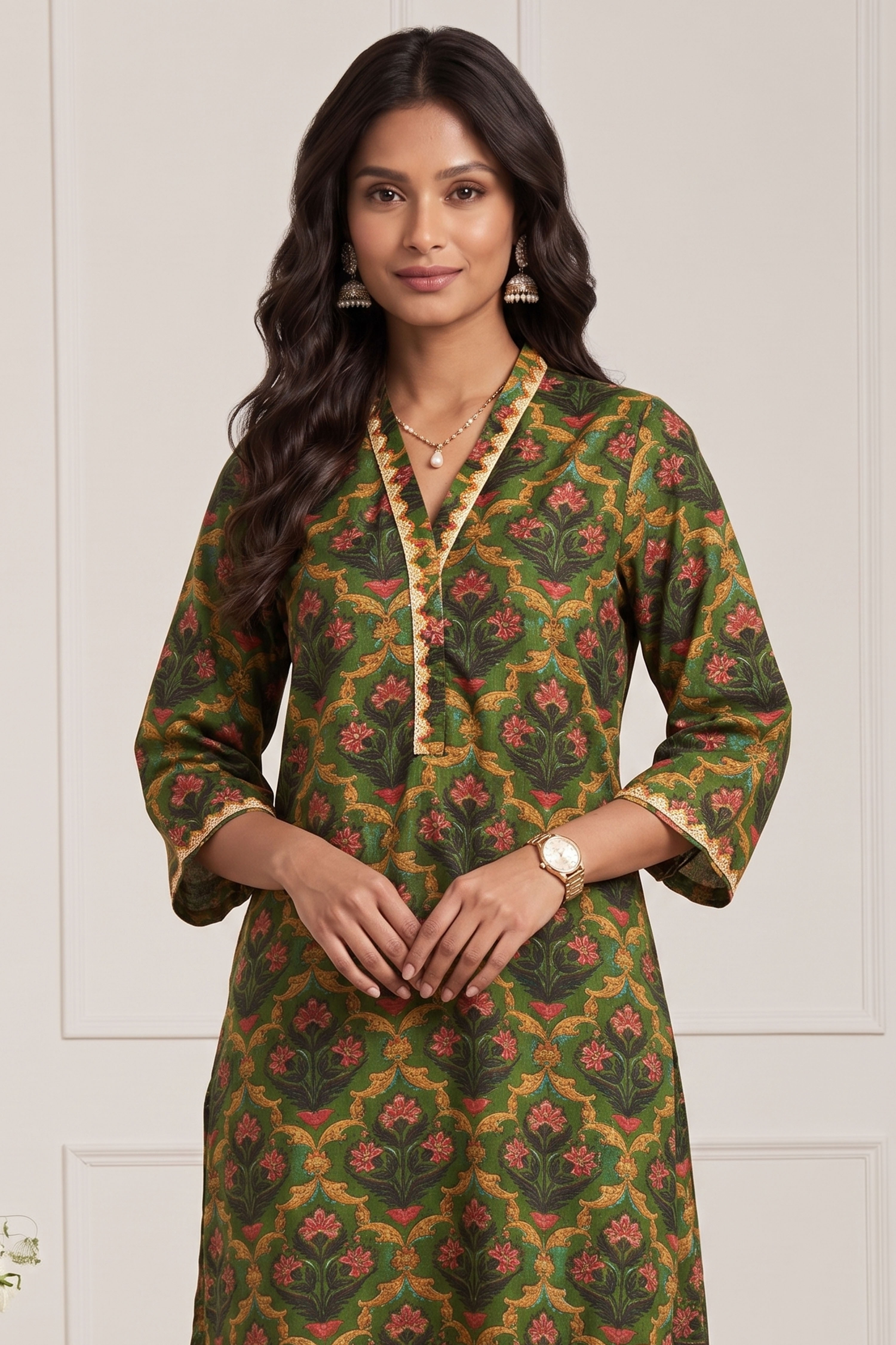 Green Poly Viscose Straight Kurta Pants Set image number 8