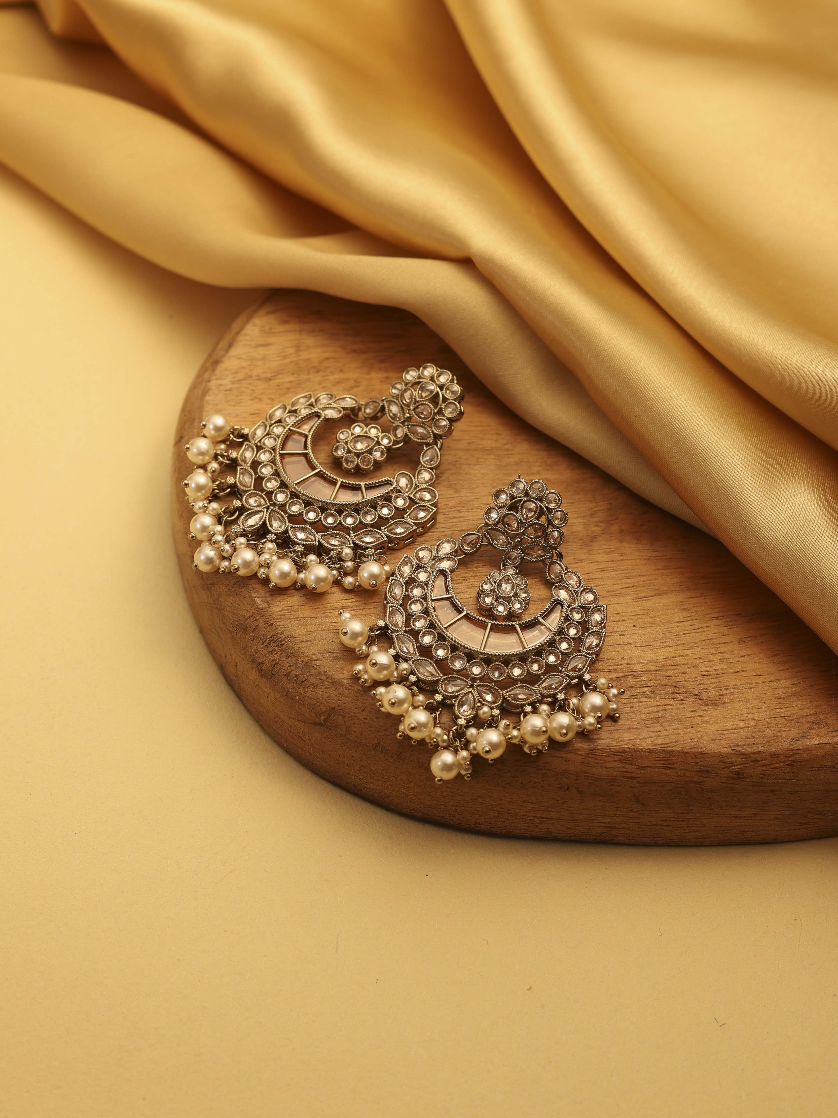 Peach Pearl Gold Plated Brass Chandbali image number 0