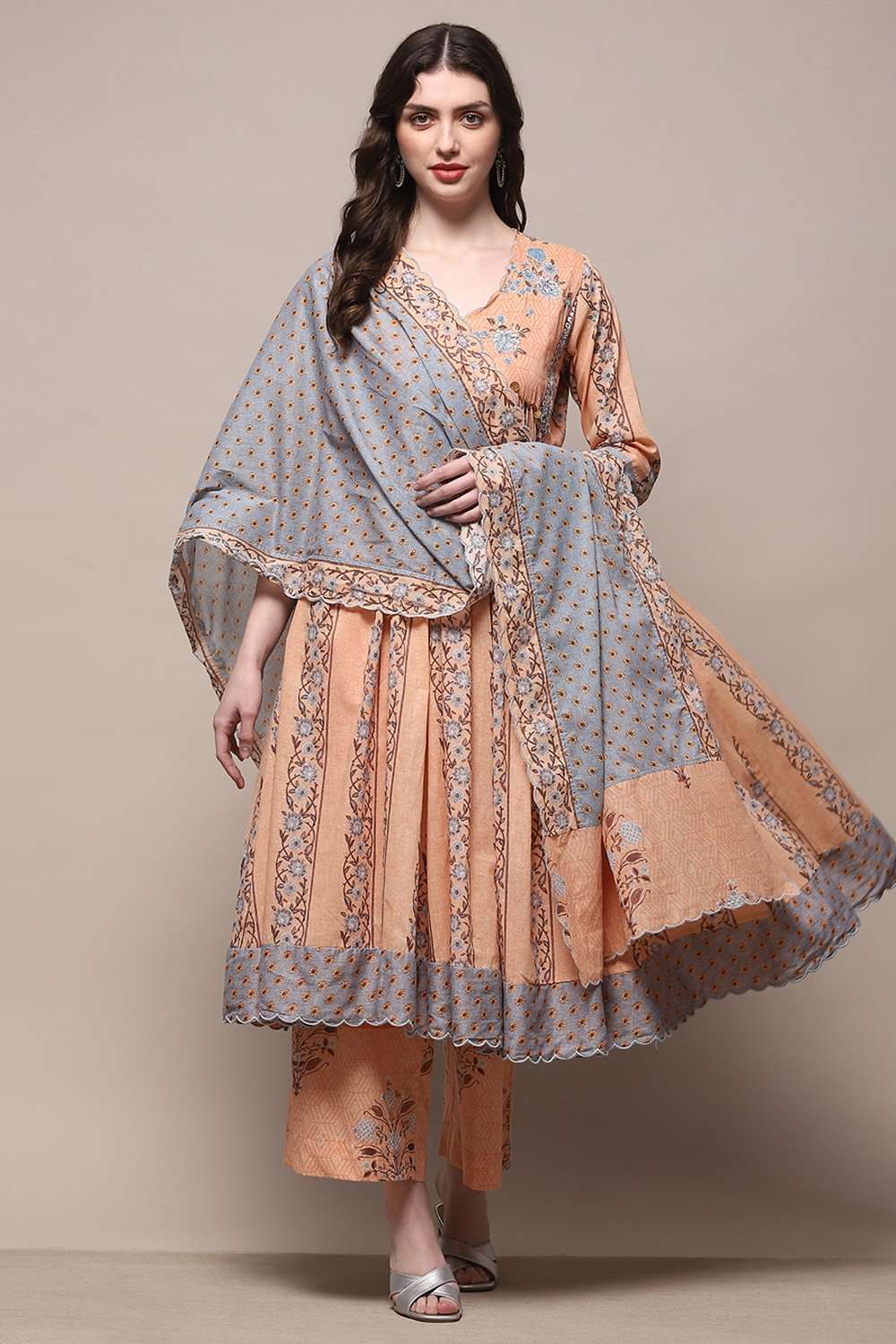 Peach Polyester Gathered Suit Set Biba India