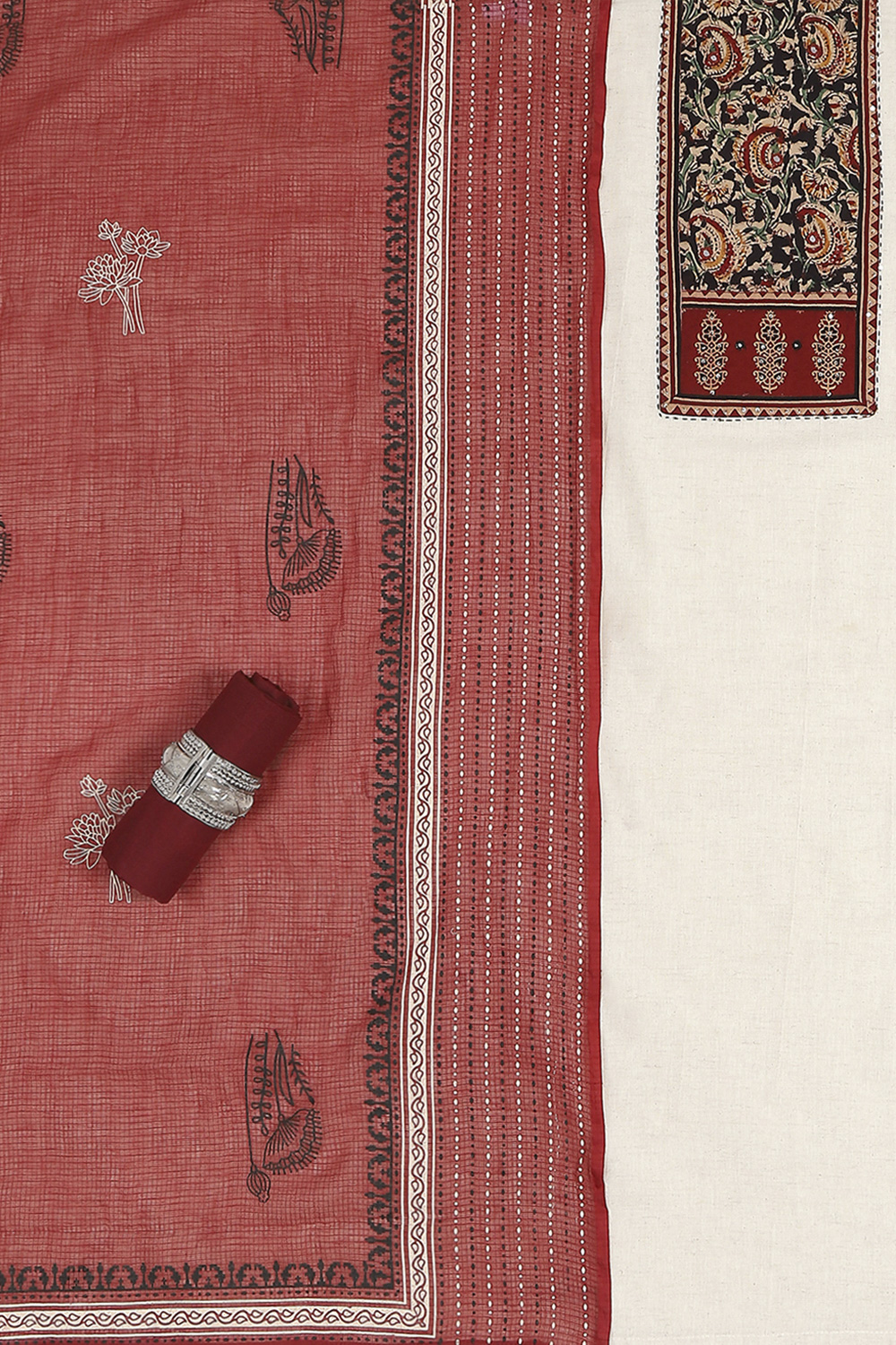 Off-White-Red Flex Hand Block Print Unstitched Suit Set image number 1