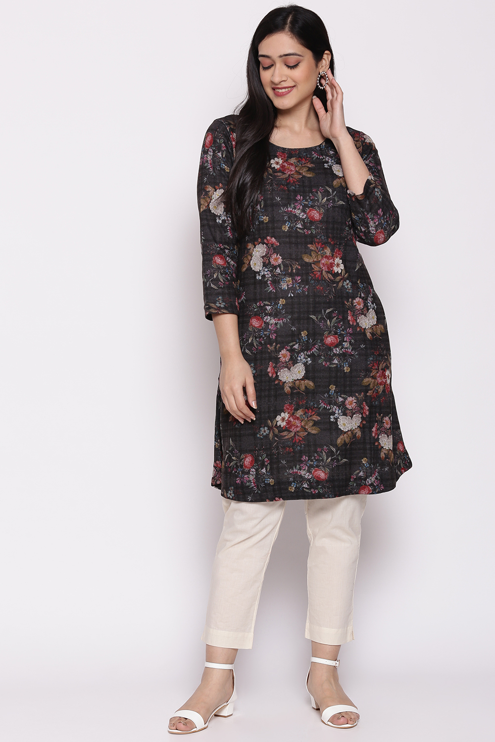 Charcoal Wool Straight Printed Kurta image number 0