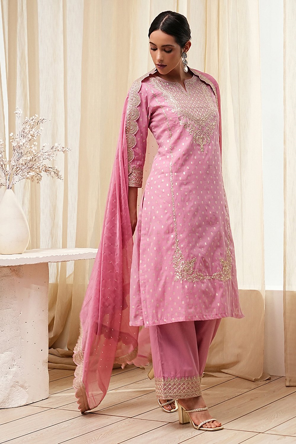 Powder Pink Embroidered Straight Suit Set image number 5