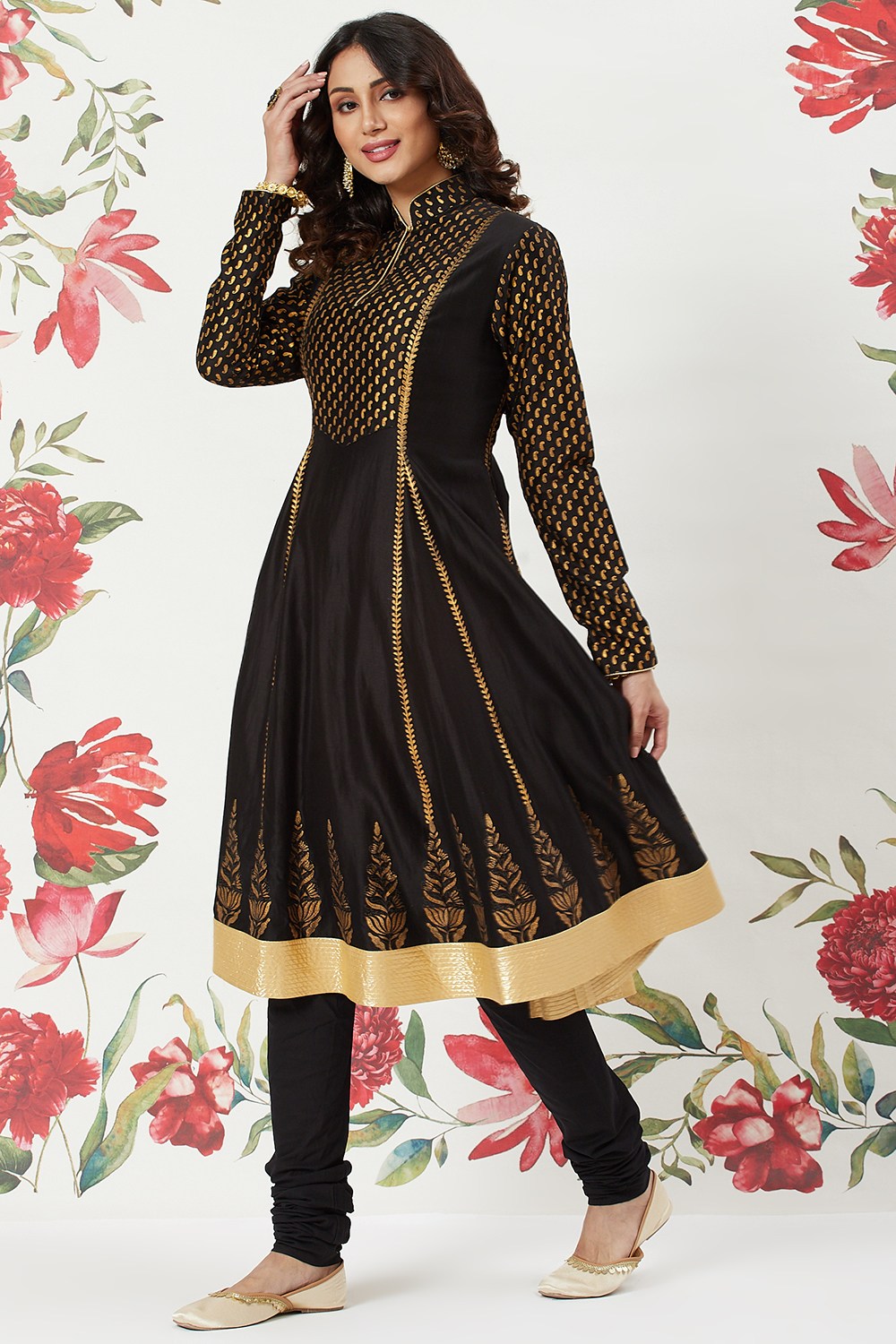 Rohit Bal Black Chanderi Silk Kalidar Solid Suit Set image number 3