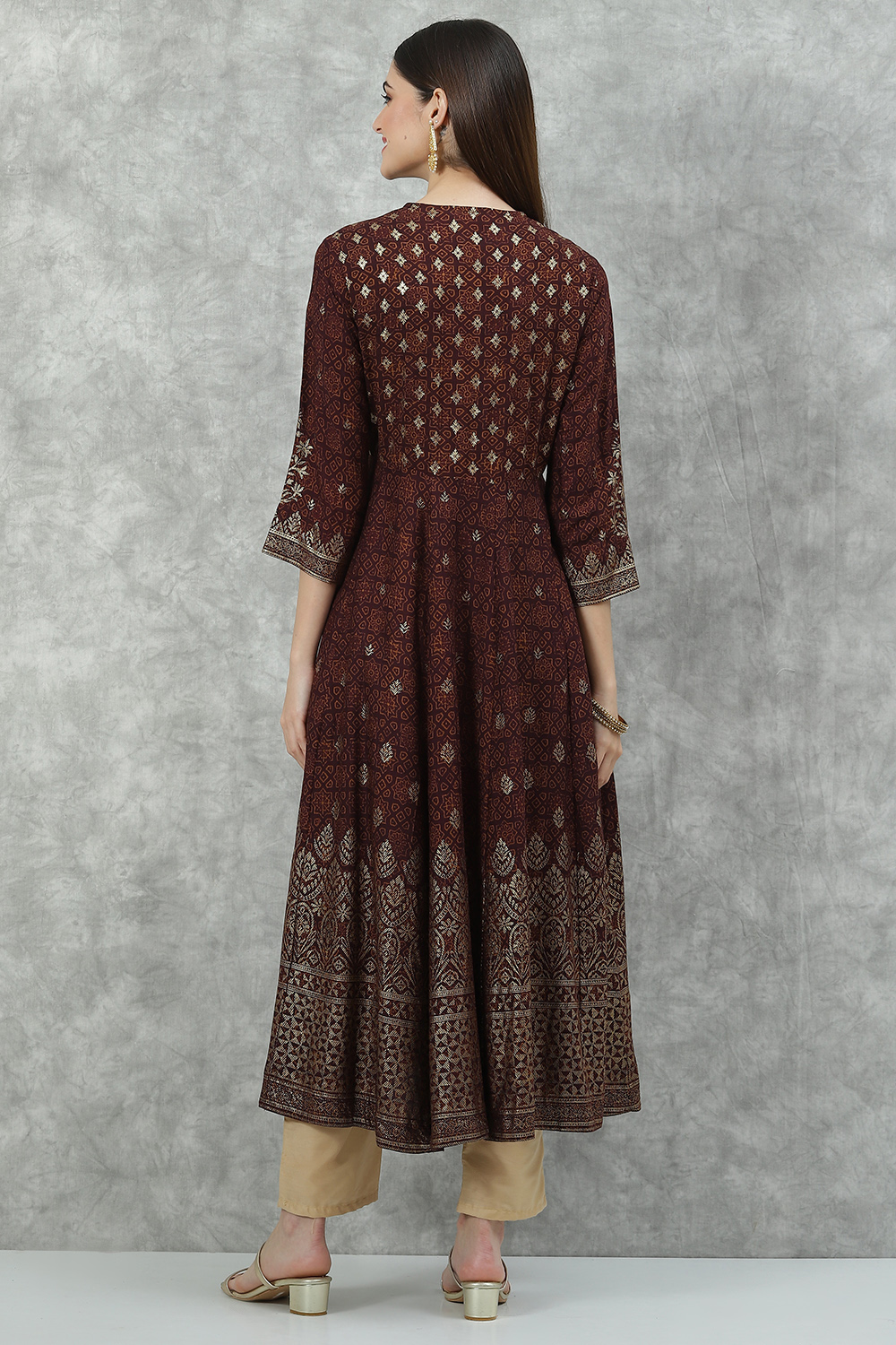 Brown Rayon Flared Printed Kurta image number 4