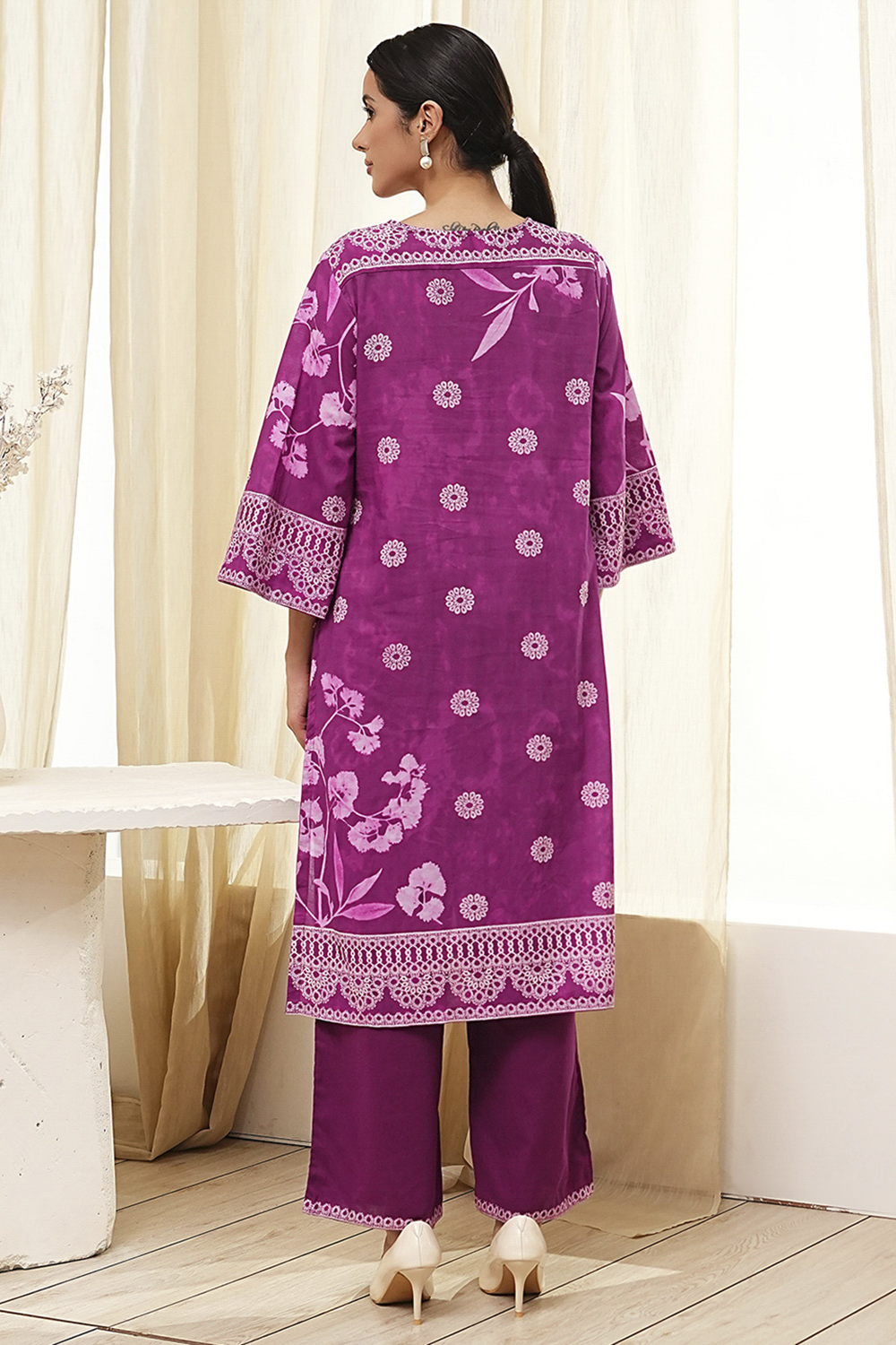Berry Purple Cotton Straight Suit Set image number 4